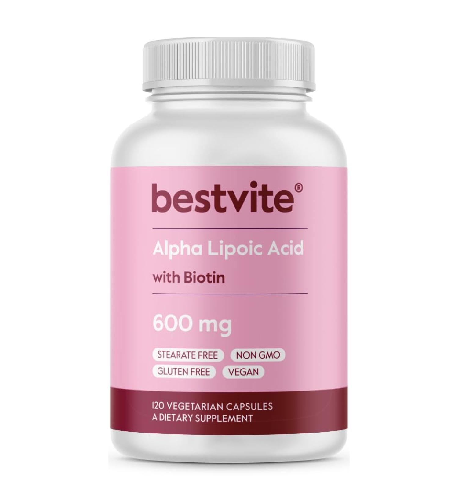 Buy BESTVITE Alpha Lipoic Acid 600mg with Biotin - 120 Vegetarian Capsules No Fillers Enhance Absorption - International Shipping Available - Buy Online on GoSupps.com