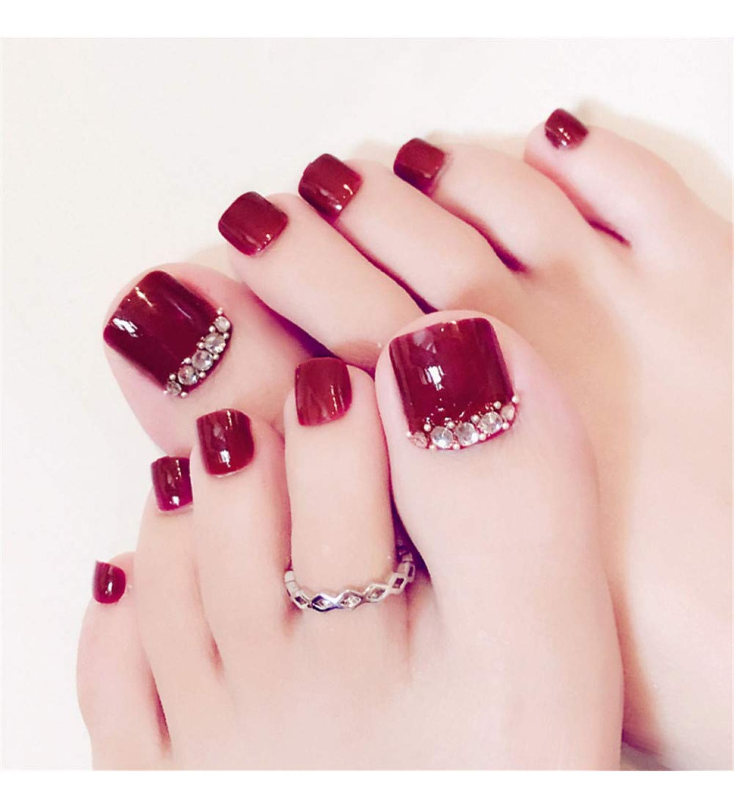 Buy 24 Red Fashion Flower Pattern Strass Artificial Toenails | Nail Art Decorations with Glue - Perfect Fake Nail Tips - Buy Online on GoSupps.com