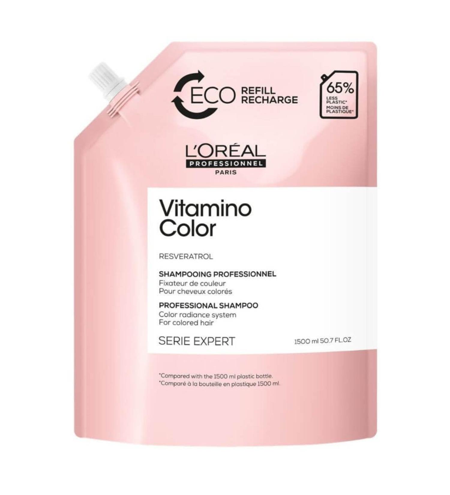 L'Oréal Professionnel, Color Fixing Shampoo, Eco-Refill, Colored & Highlighted Hair Lacking Shine, Anti-Oxidant, Prolongs & Enhances Color, Softness & Shine, Vitamino Color, 1500ml