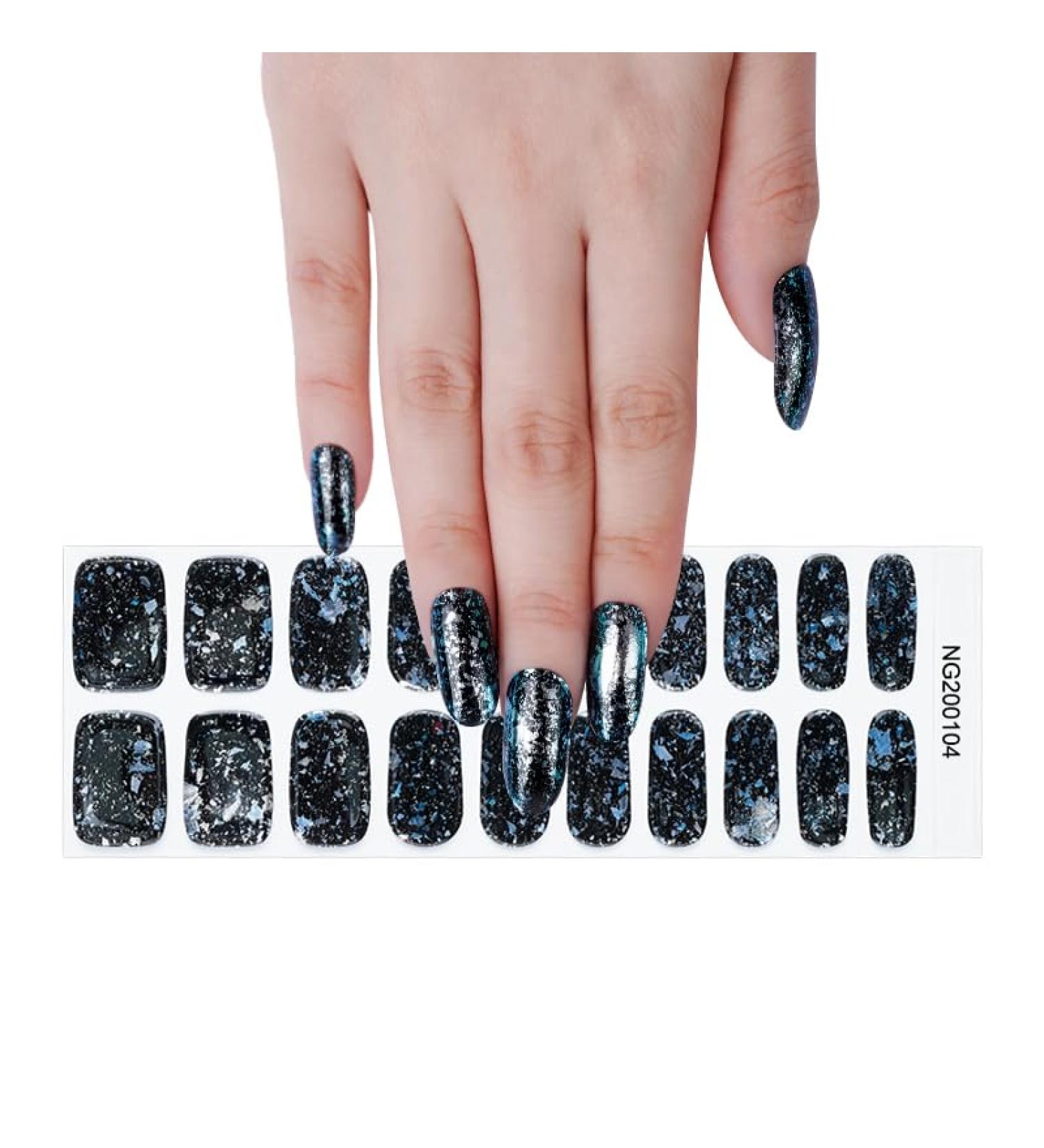 Semi Cured Gel Nails Strips 20 Stickers Nail Wraps Soft Self-Adhesive Gel Nail Stickers Salon-Quality Gel Nail Strips for Nails French Tip Manicure UV/LED Lamp Required (104-Black Blue)
