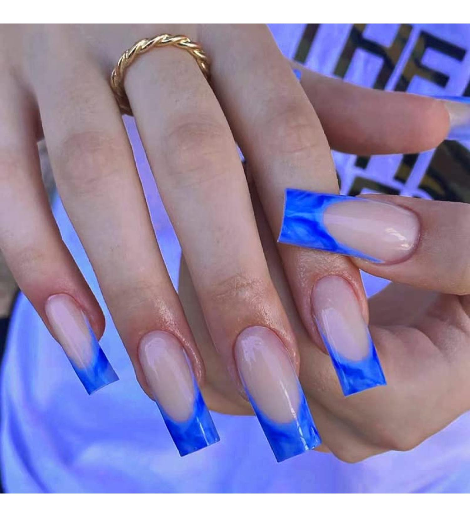 QINGGE Navy Blue French Tip Press on Nails Medium Length Coffin Glossy False Nails - Full Cover Wave Design Acrylic Nails for Women - Buy Online on GoSupps.com