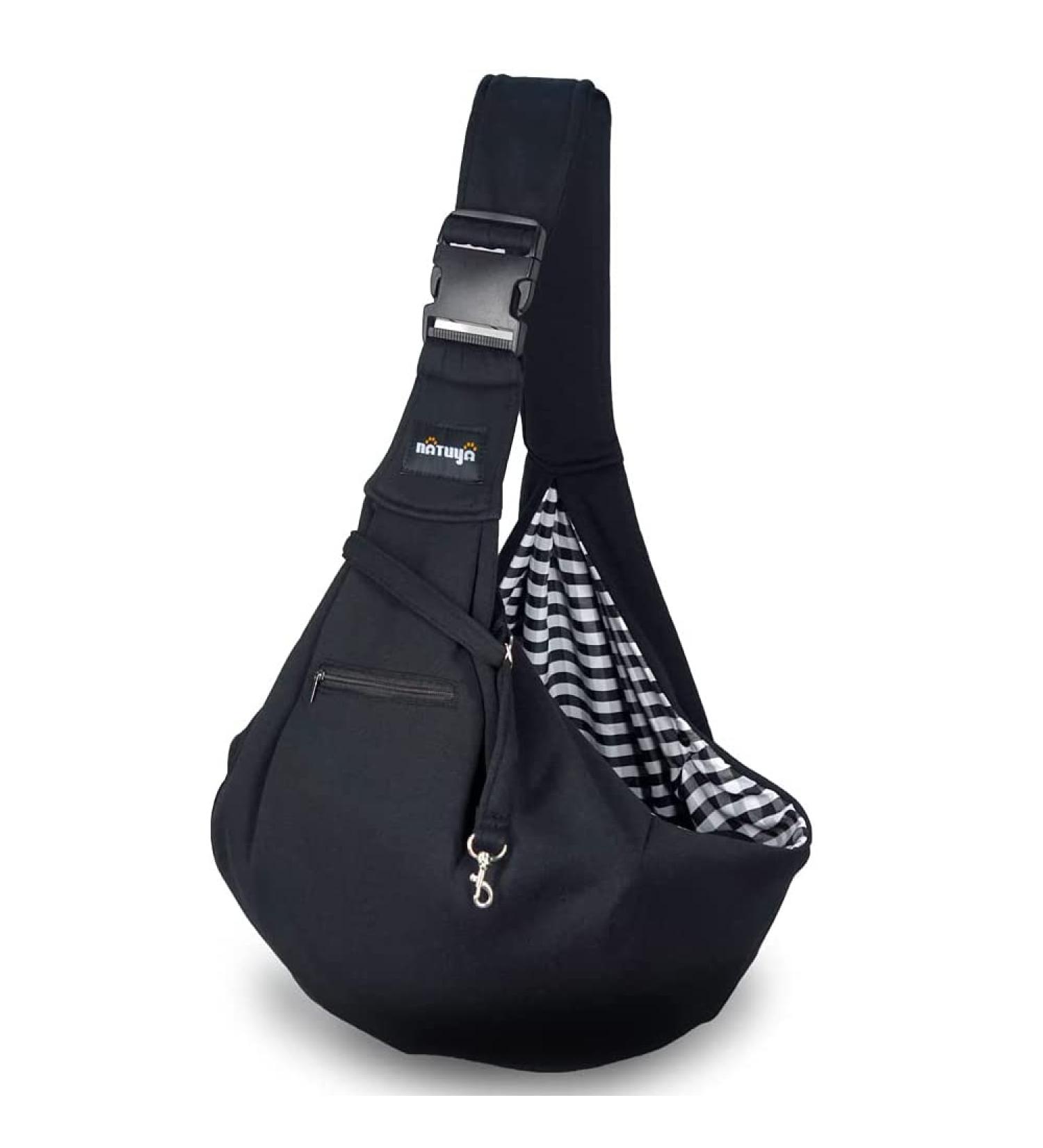 Natuya Small Dog & Cat Sling Carrier Bag - Adjustable Strap, Hands-Free Design with Safety Belt & Front Zipper Pocket - Perfect for Outdoor Travel - Black Cotton Style - Buy Online on GoSupps.com