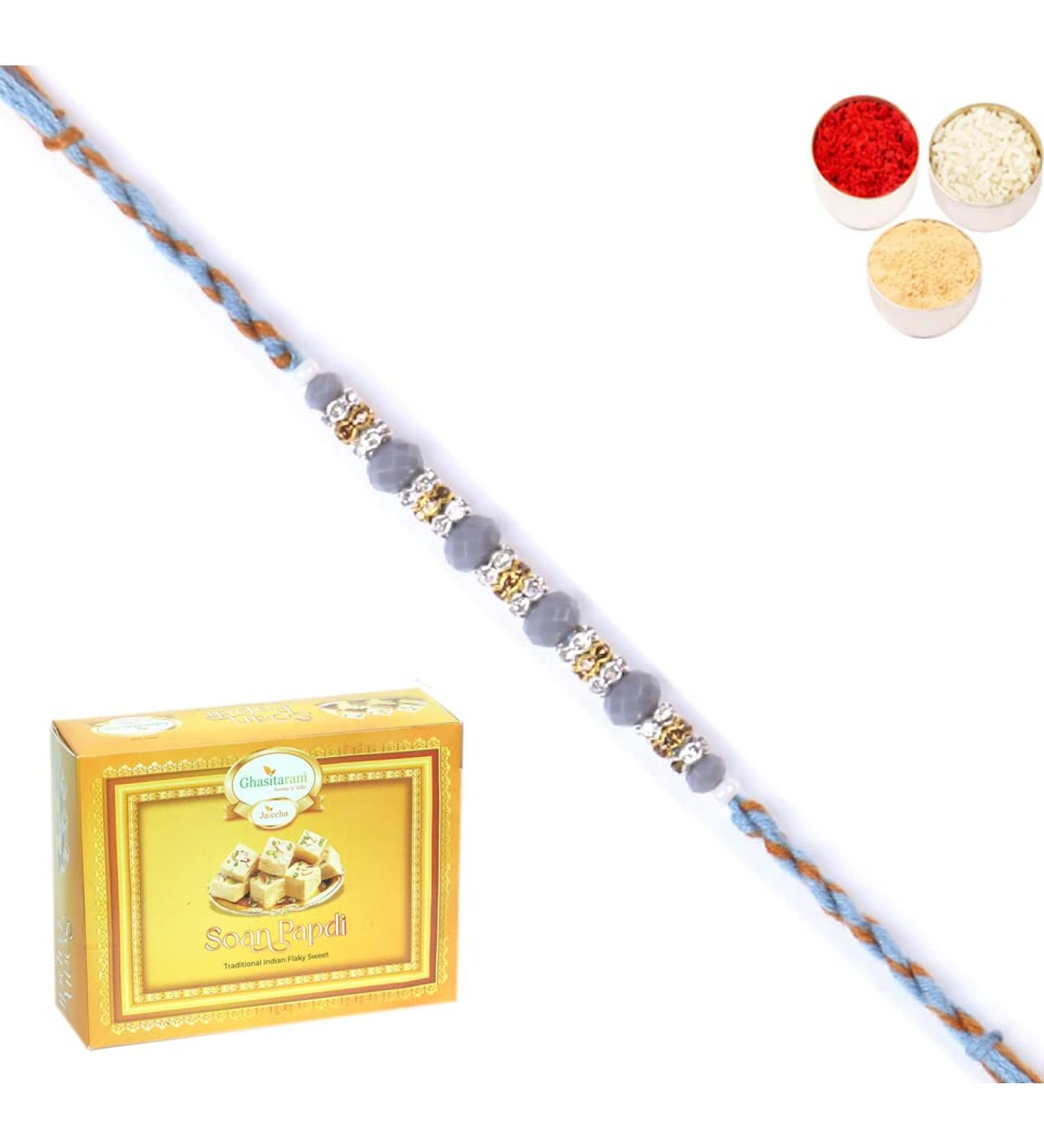 Ghasitaram Gifts Rakhi for Brother Rakhis Online - 6375 Fancy Thread Rakhi with 400 GMS of Soan Papdi - Buy Online on GoSupps.com