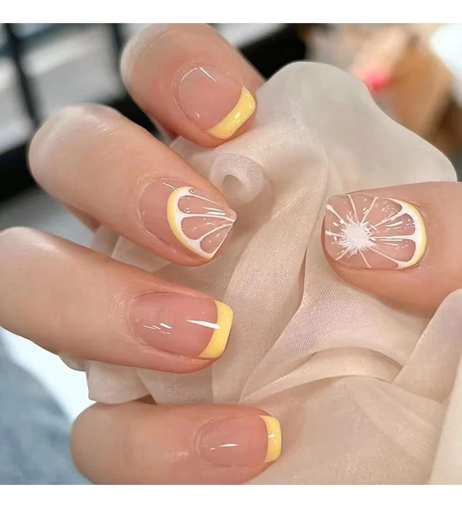 Summer Lemon Pattern Short Square Press-on Fake Nails - 24PCS - Buy Online on GoSupps.com