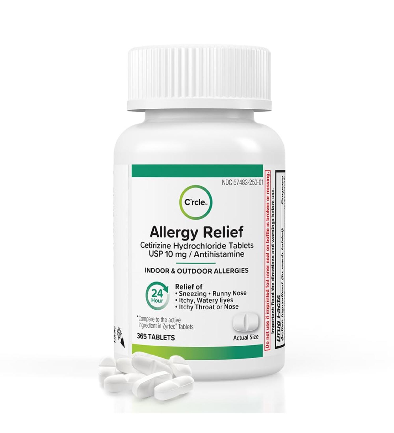 C'rcle Cetirizine HCL 10mg 365 Tablets - Antihistamine for Indoor & Outdoor Allergies - Runny Nose, Itchy & Watery Eyes Relief - Buy Online on GoSupps.com