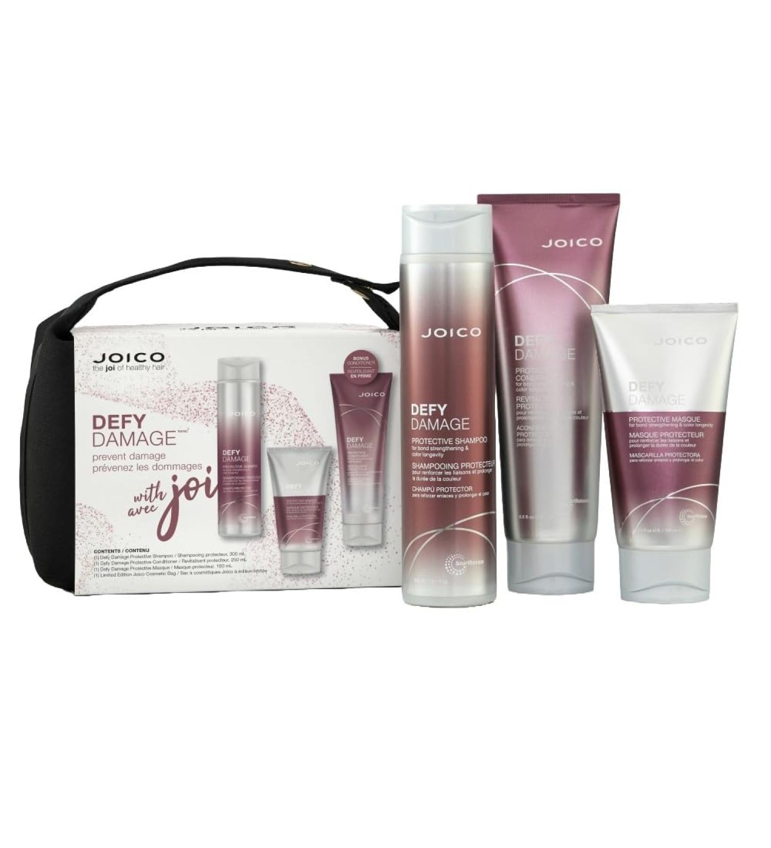 Joico Defy Damage Gift Set Protective Shampoo Conditioner Protective Mask Treatment for Dry Damaged Deep Conditioning Hydrating Heat Protectant with Joico Cosmetic Bag - Buy Online on GoSupps.com