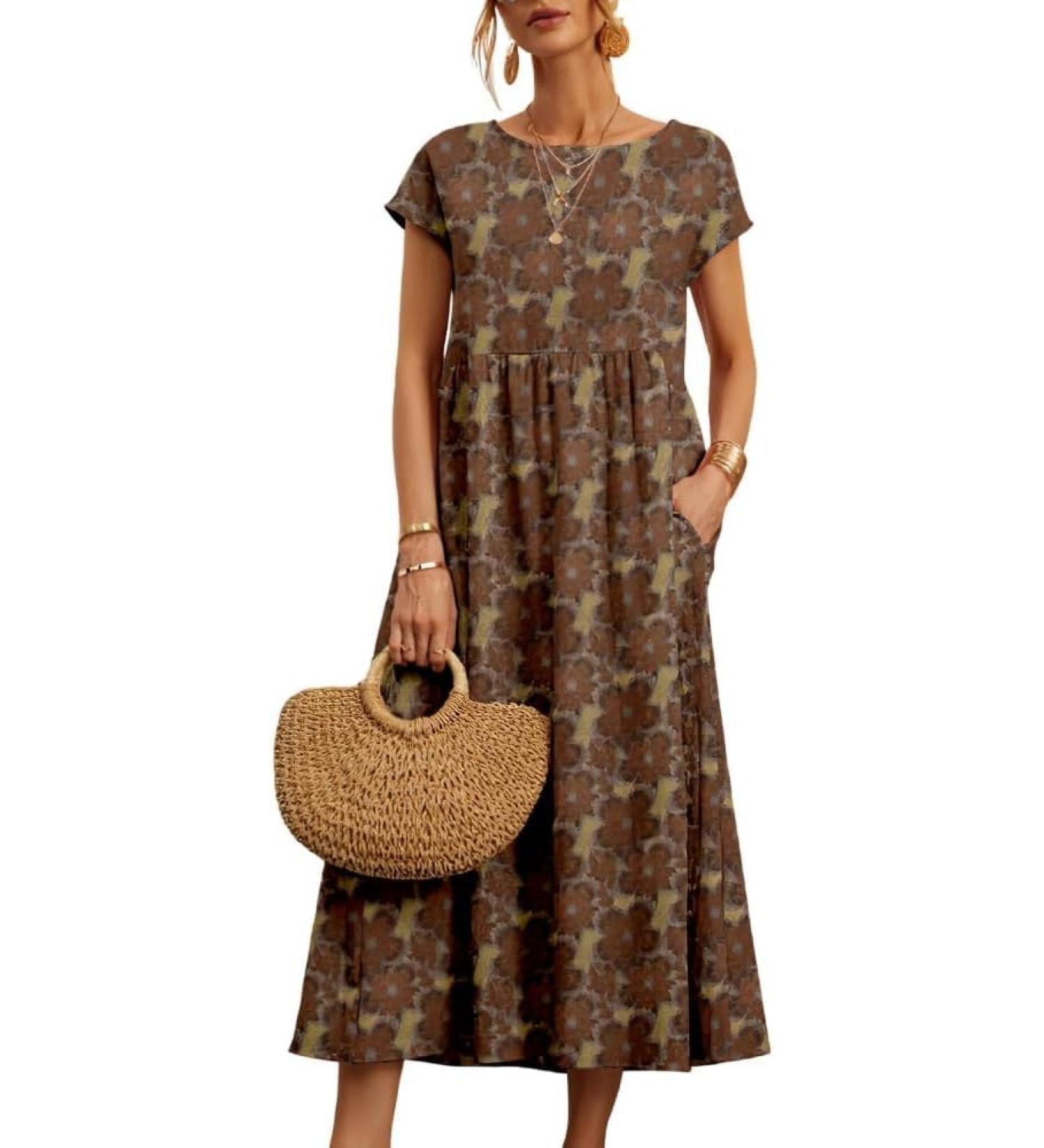Women's Summer Cotton Linen Floral Printed Short Sleeve Dress Crew Neck Loose Casual Beach Dresses with Pockets 04 Medium - Buy Online on GoSupps.com
