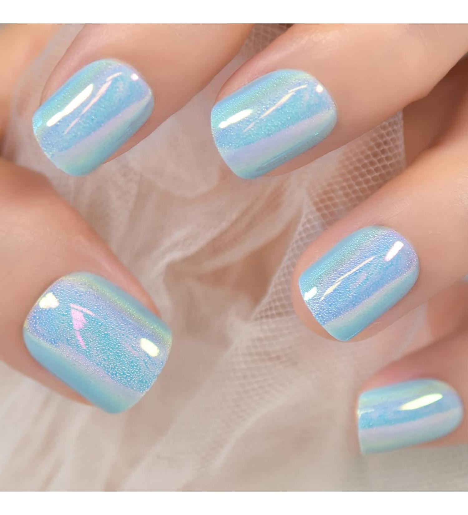 EchiQ Light Blue Laser Press On Nails - Metallic Mirror Like Fake Nails for Women - 24 pcs Short Medium Squoval Acrylic Full Cover False Nails - Buy Online on GoSupps.com