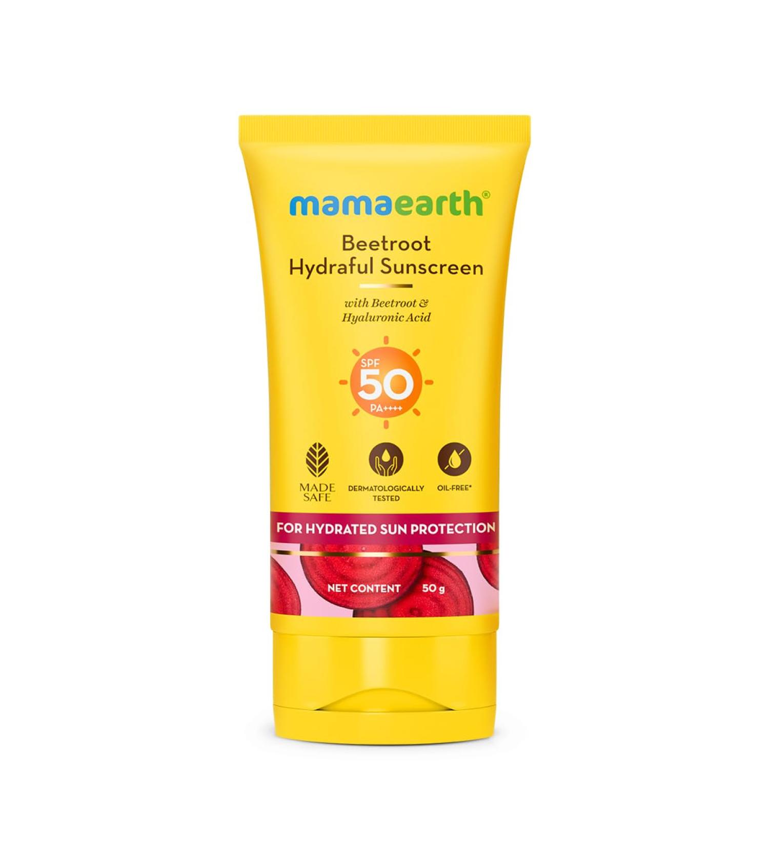 Mamaearth Beetroot Hydraful SPF 50 Sunscreen with PA++++ | Gives Natural Pink Glow with Sun Protection | Deeply Hydrates with Hyaluronic Acid | 1.76 Oz/50g - Buy Online on GoSupps.com