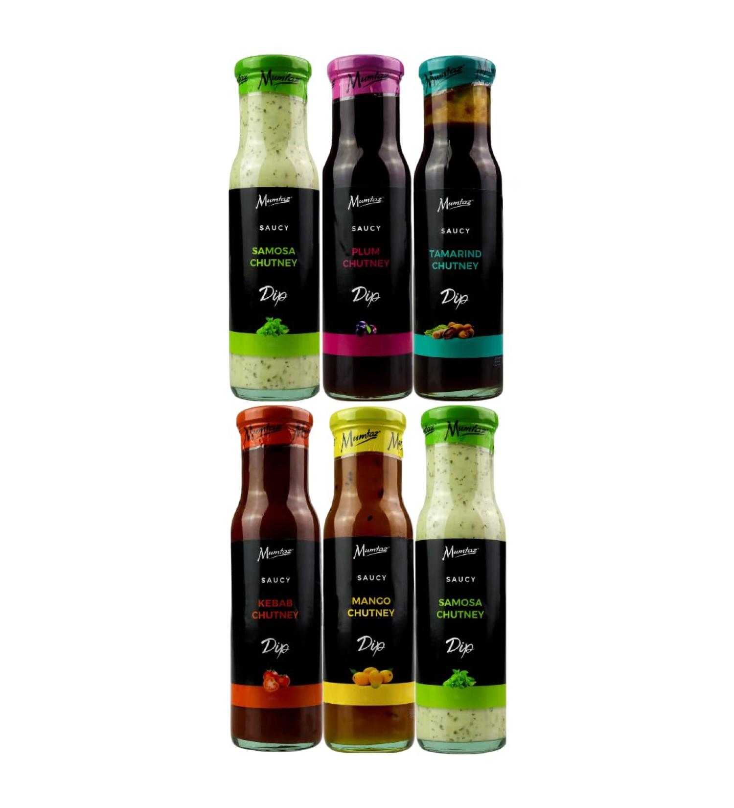 Mumtaz Saucy Chutney Dips Mixed Selection Pack of 6 Flavours Include: Samosa Chutney Plum Chutney Tamarind Chutney Kebab Chutney Mango Chutney Ideal For Dipping Dressing & Spreading. - Buy Online on GoSupps.com