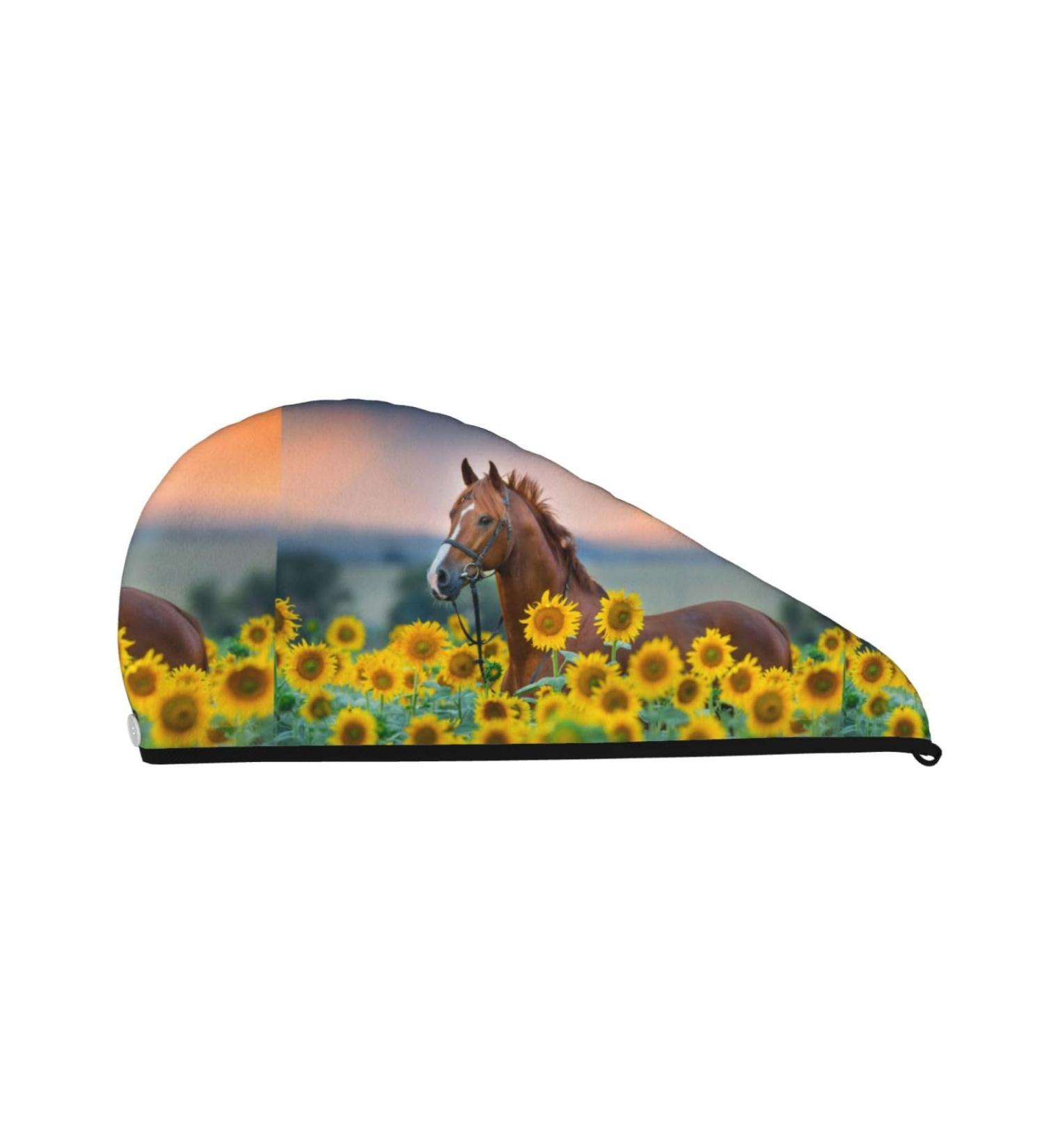 Hair Towel Wrap for Quick Drying - Button Closure Towel Turban in Horse Sunflowers | Shop Internationally - Buy Online on GoSupps.com