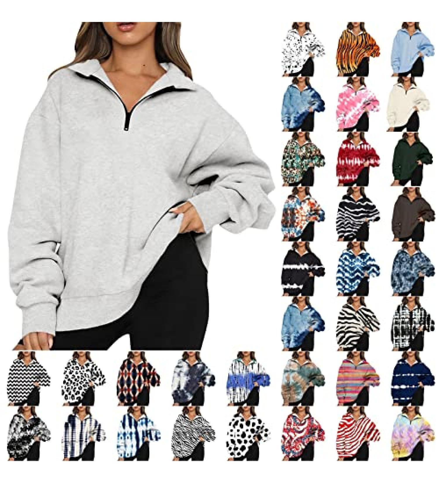 Womens Oversized 1/4 Zipper Sweatshirt - 2022 Fall Tops, Long Sleeve, Drop Shoulder - Gray, Medium - Buy Online on GoSupps.com