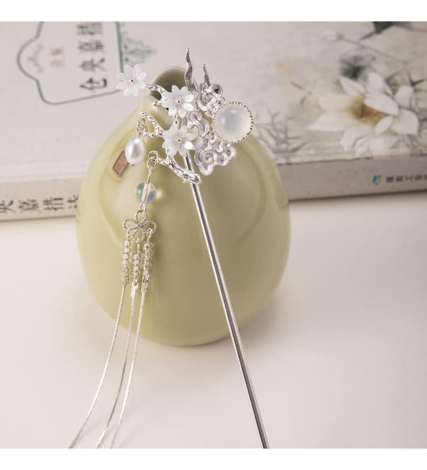 Silver Cloud Pearl Hairpin Hair Clasp Sticks Picks White Flower Crystal Long tassels Hair Accessories For Long Hair Women Wedding Hanfu Cheongsam (Silver cloud) - Buy Online on GoSupps.com