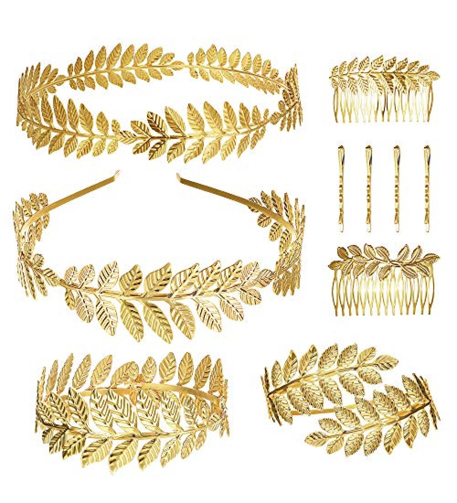 THUNARAZ 10Pcs Golden Laurel Leaf Bracelet Armband Crown Arm Cuff Bridal Jewelry Set - Greek Goddess Headband Hair Comb & Wedding Headpiece Accessories - Buy Online on GoSupps.com