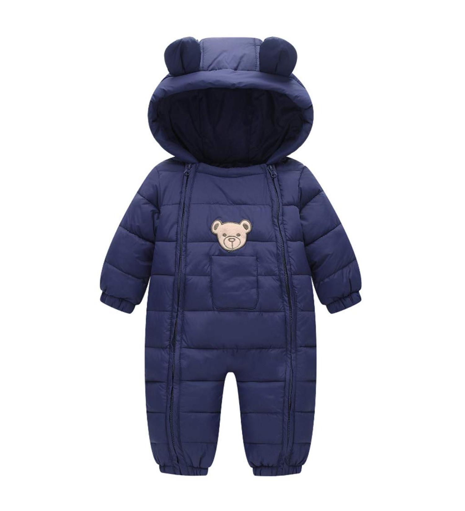 JiAmy Baby Snowsuit Hooded Romper | Cartoon Bear Winter Outfit for Boys & Girls | Navy 3-6 Months - Buy Online on GoSupps.com