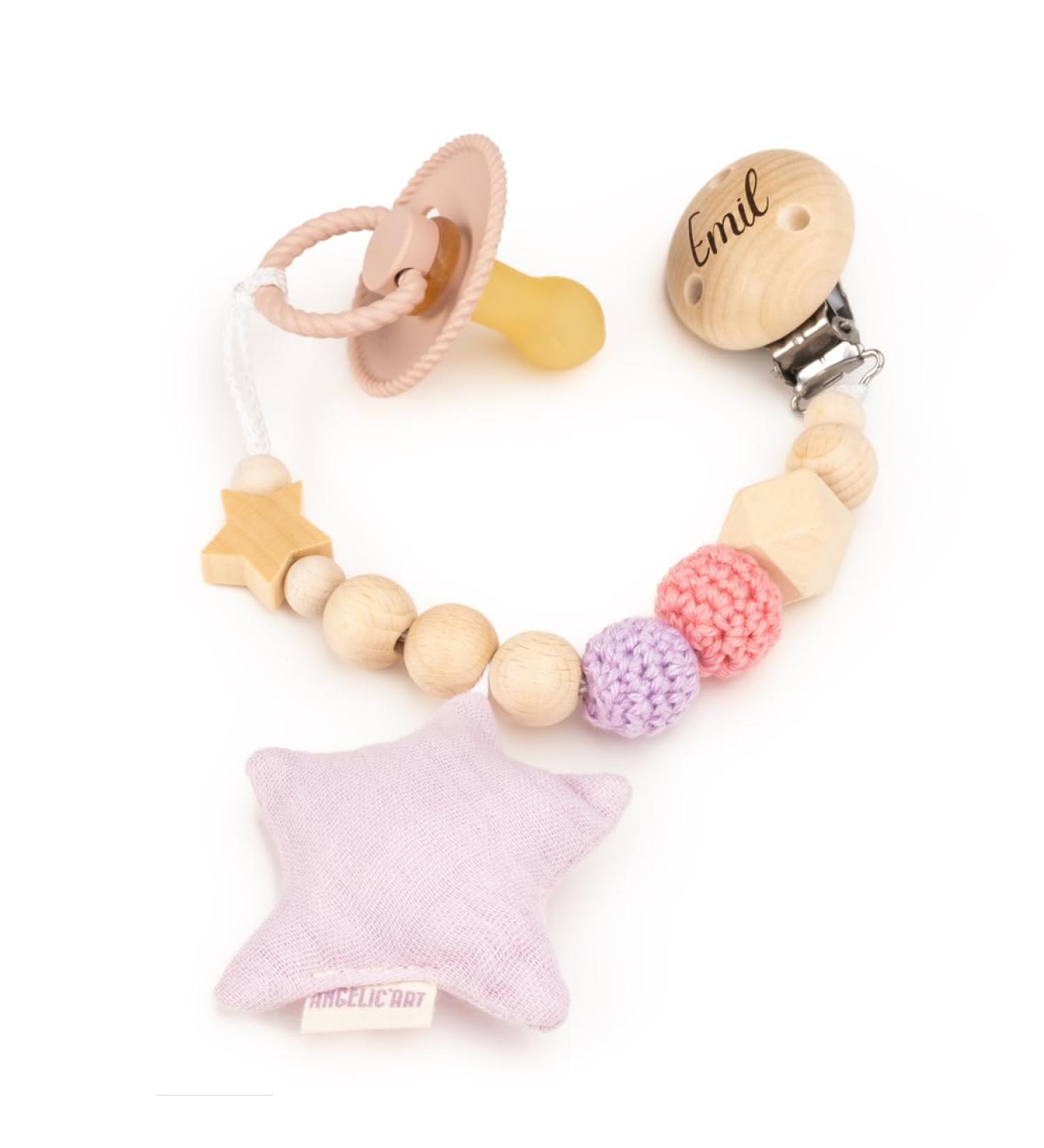 Personalized AngelicArt Nuckel Chain with Name Engraving for Boys & Girls | Custom Baby Gift | Natural Wood & Cotton Musselin Fabric (Pink Star) - Buy Online on GoSupps.com