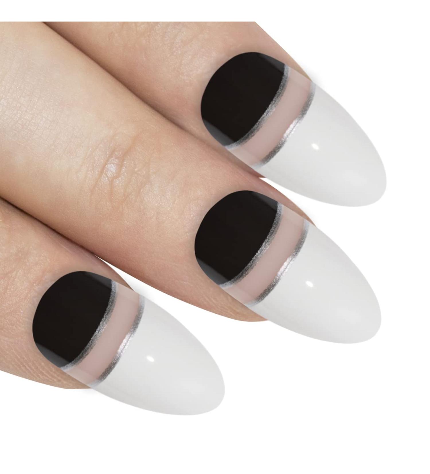 Bling Art Almond False Nails Fake Stiletto Gel Glitter Glossy Acrylic Long 24 Tips Glue (Black White Glossy) - Buy Online on GoSupps.com