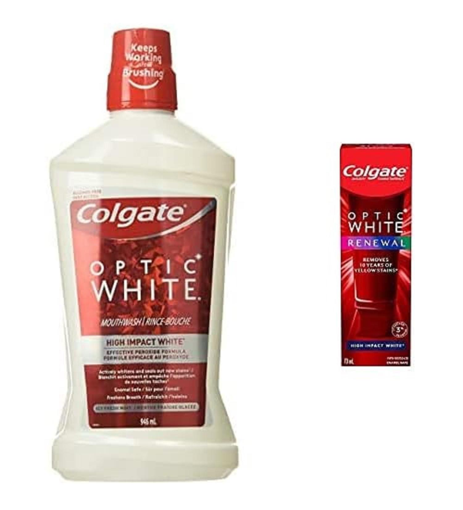 Colgate Optic White Mouthwash Alcohol Free Icy Fresh Mint 946 mL + Colgate Optic White Renewal High Impact White Teeth Whitening Toothpaste 70 Milliliter w/ High Impact Toothpaste 1
