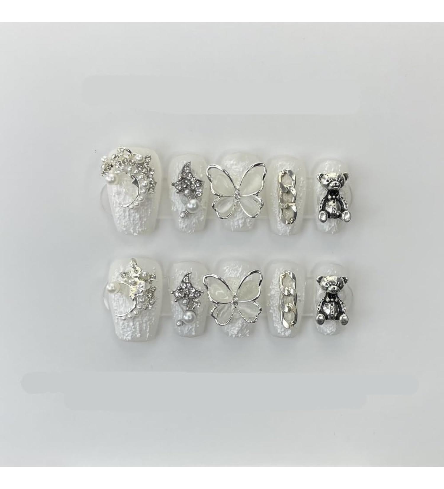 Butterfly Retro Nail Art Handcrafted Wearable Nail Patches Detachable Fake Nails(Short white M) - Buy Online on GoSupps.com