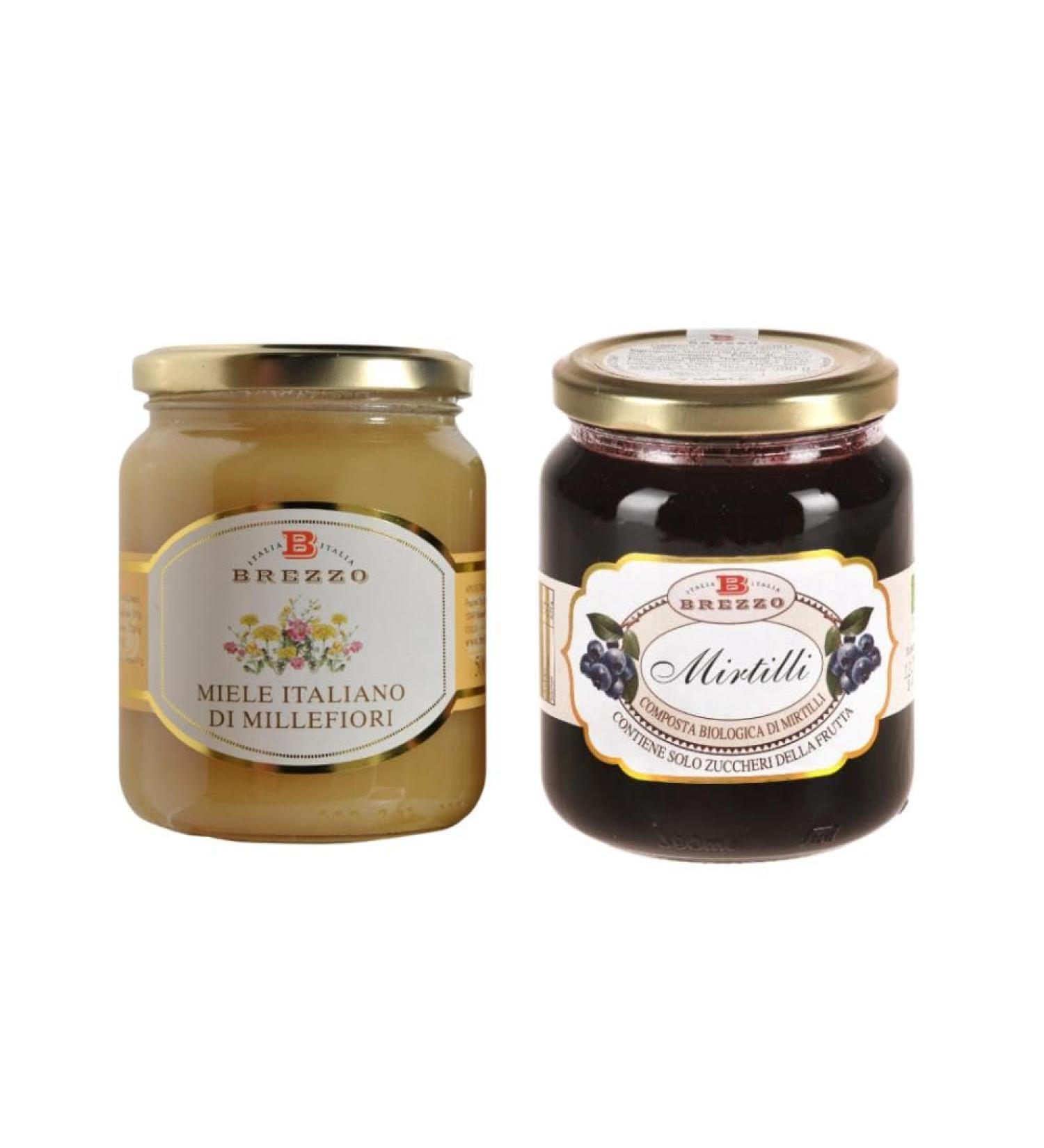 Brezzo Tasting Kit Millefiori Honey 500g and Organic Fruit Compote Blueberries 390g - Buy Online on GoSupps.com