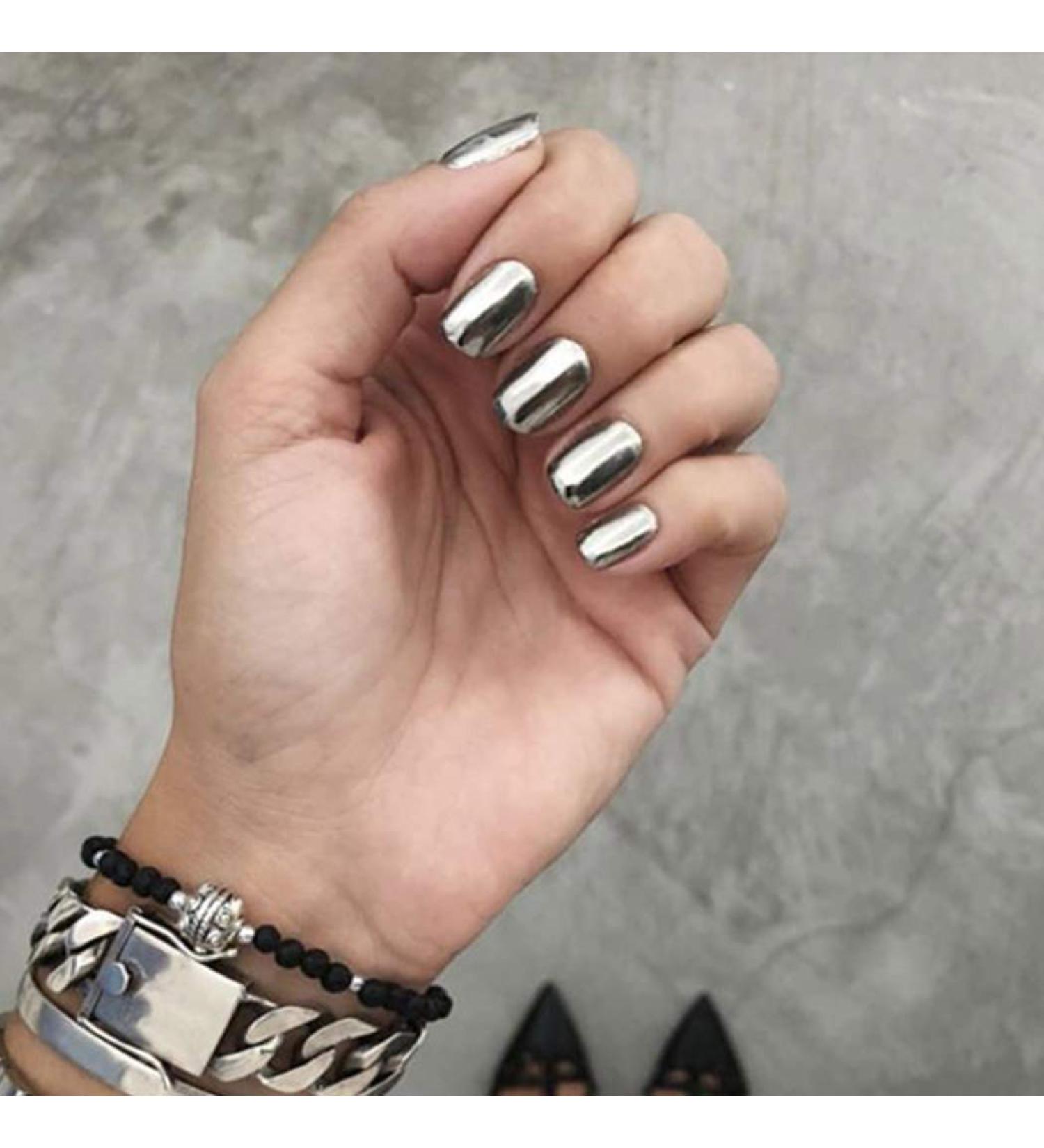 Square Short Mirror Press on Nails - Silver Glossy False Nails (24 PCS) for Women and Girls - Buy Online on GoSupps.com
