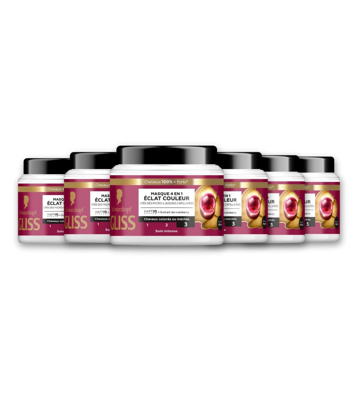 GLISS - Masque 4en1 - Eclat Couleur - Extrait de Cranberry - Haptiq System - Cr e des Micro-Liaisons Capillaires - Cheveux Color s ou M ch s - Soin Intense - Nourrit & Repare - 400ml - Lot de 6 - Buy Online on GoSupps.com