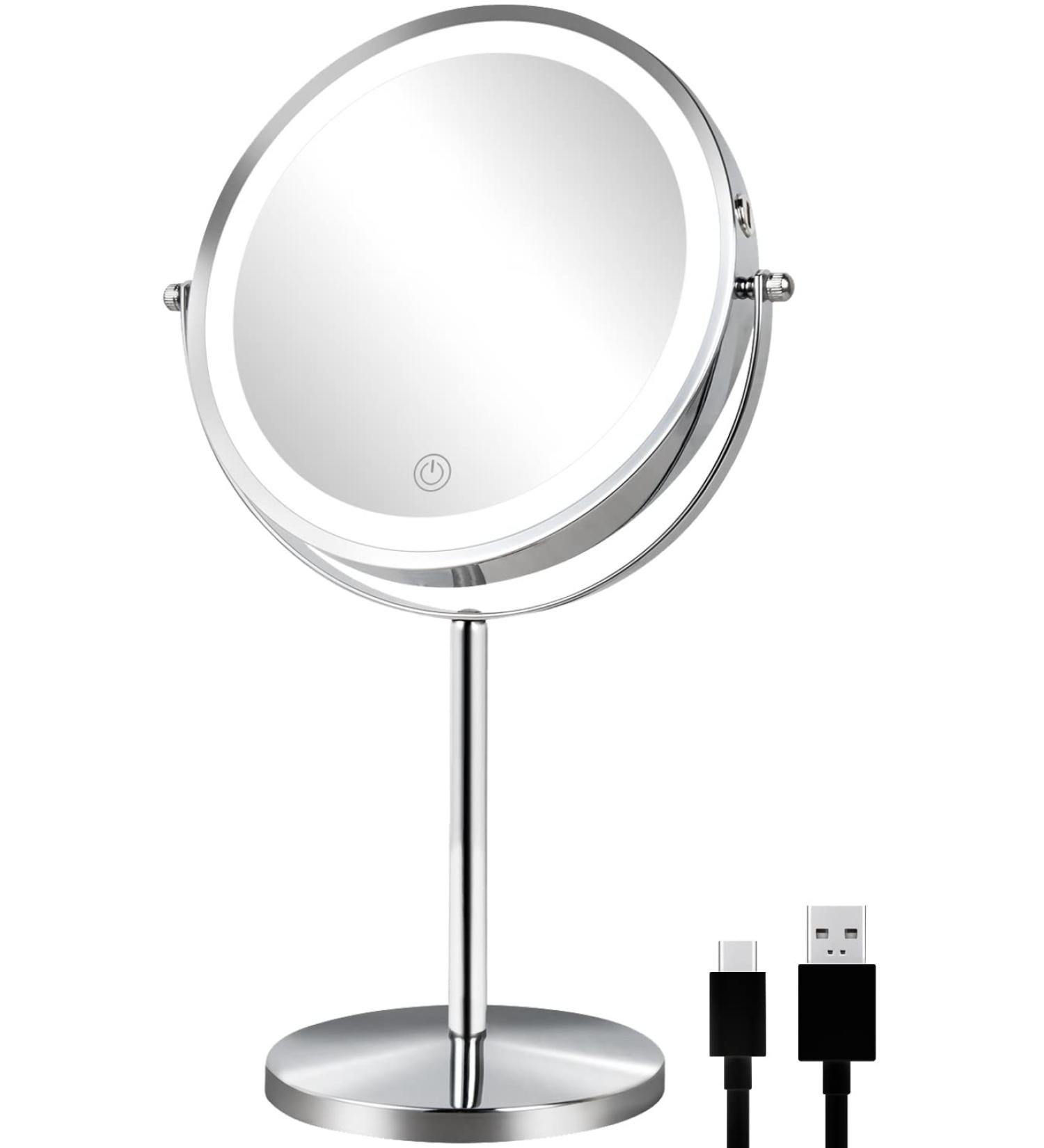 ALHAKIN Rechargeable Lighted Makeup Mirror - 1X/10X Magnifying, 8 Inch Dimmable with 3 Color Lights - Buy Online on GoSupps.com