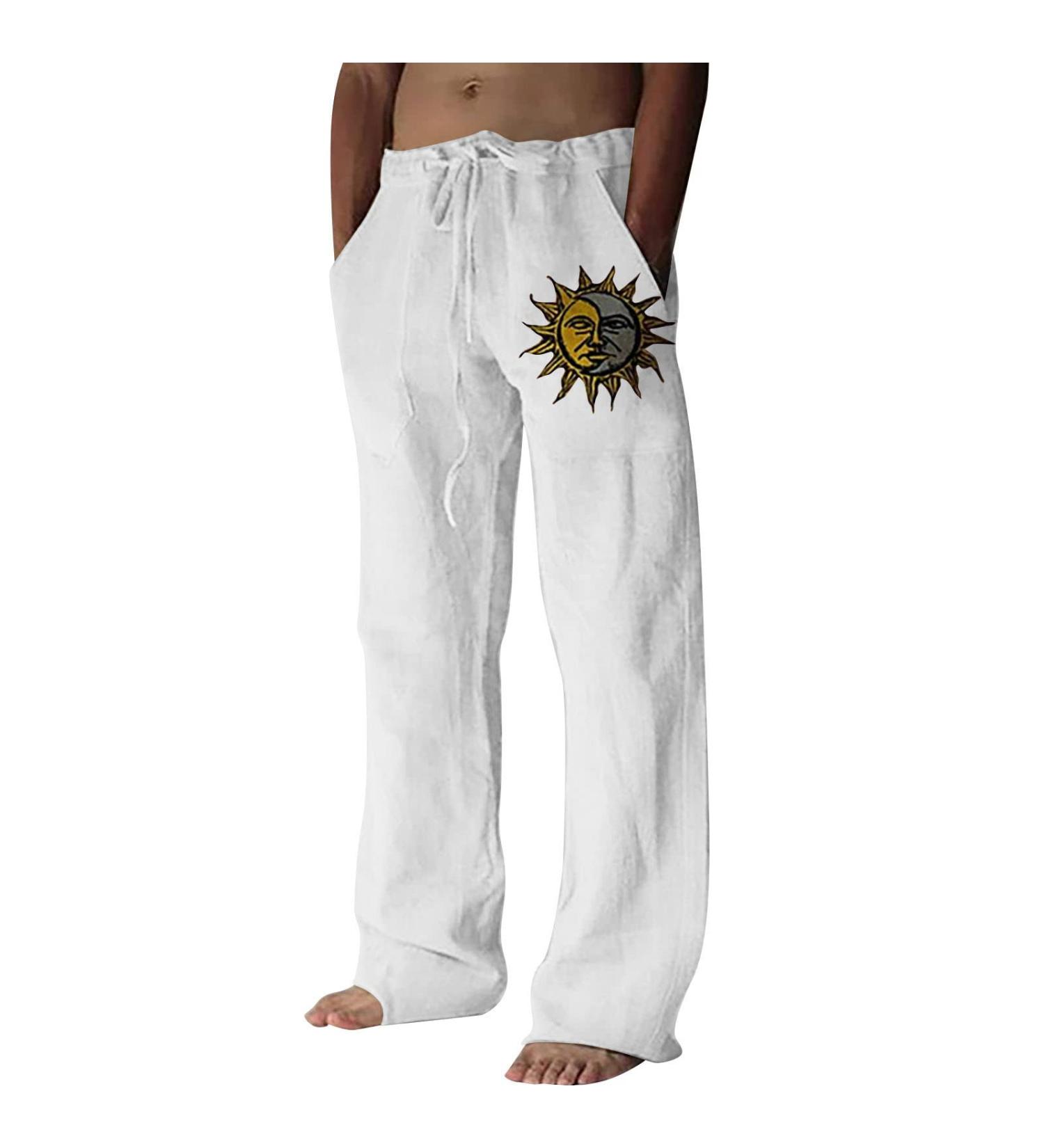Men's Cotton Linen Work Trousers | Relaxed Fit Drawstring Cargo Pants | Y2K Pattern | Pockets | White - Buy Online on GoSupps.com