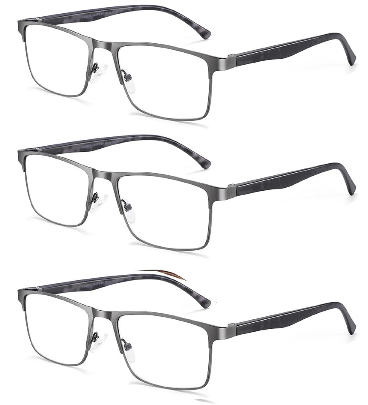 Litima Men's Reading Glasses - 3-Piece Set Rectangle Frame Spring Hinge Blue Light Filter UV Protection Gray/Leopard Pattern - Visual Aid 1.25x - Buy Online on GoSupps.com