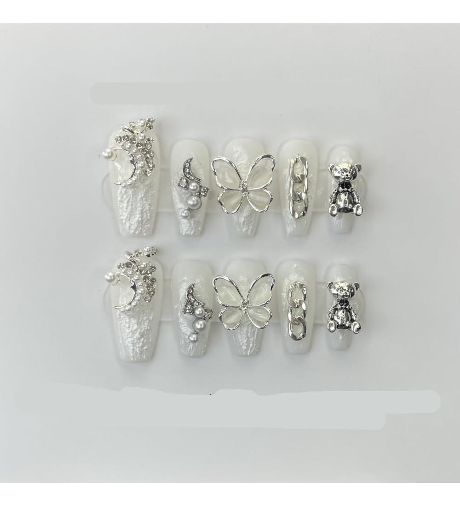 Butterfly Retro Nail Art Handcrafted Wearable Nail Patches Detachable Fake Nails(Long white M) - Buy Online on GoSupps.com