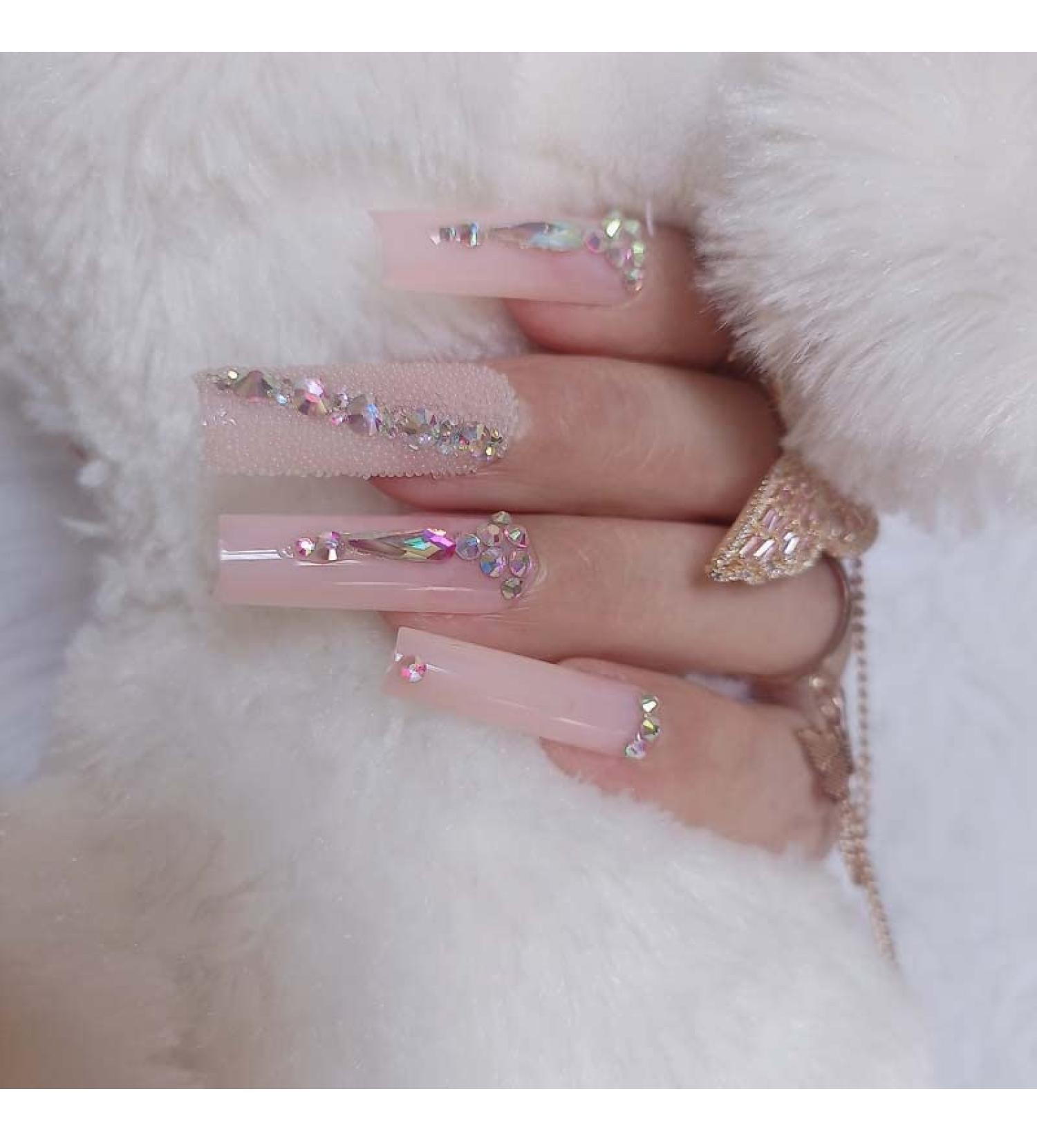 24pcs Luxury Super Long Wedding False Nails - Rectangular Acrylic Nails for Women - Nude Glossy Press On Nails - City Beauty - Buy Online on GoSupps.com