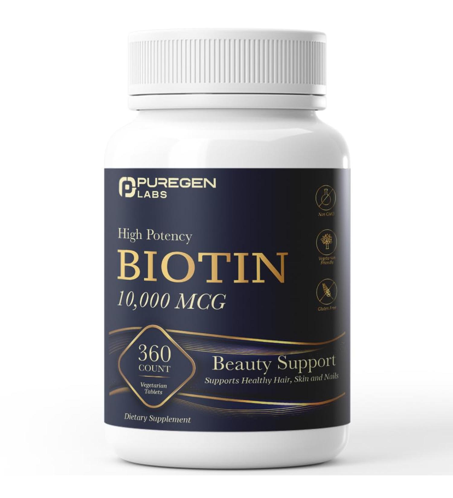 Puregen Labs Biotin 10 000 MCG Supports Healthy Hair Skin & Nails - High Potency Beauty Support - Non-GMO Gluten Free | 360 Vegetarian Tablets - Buy Online on GoSupps.com