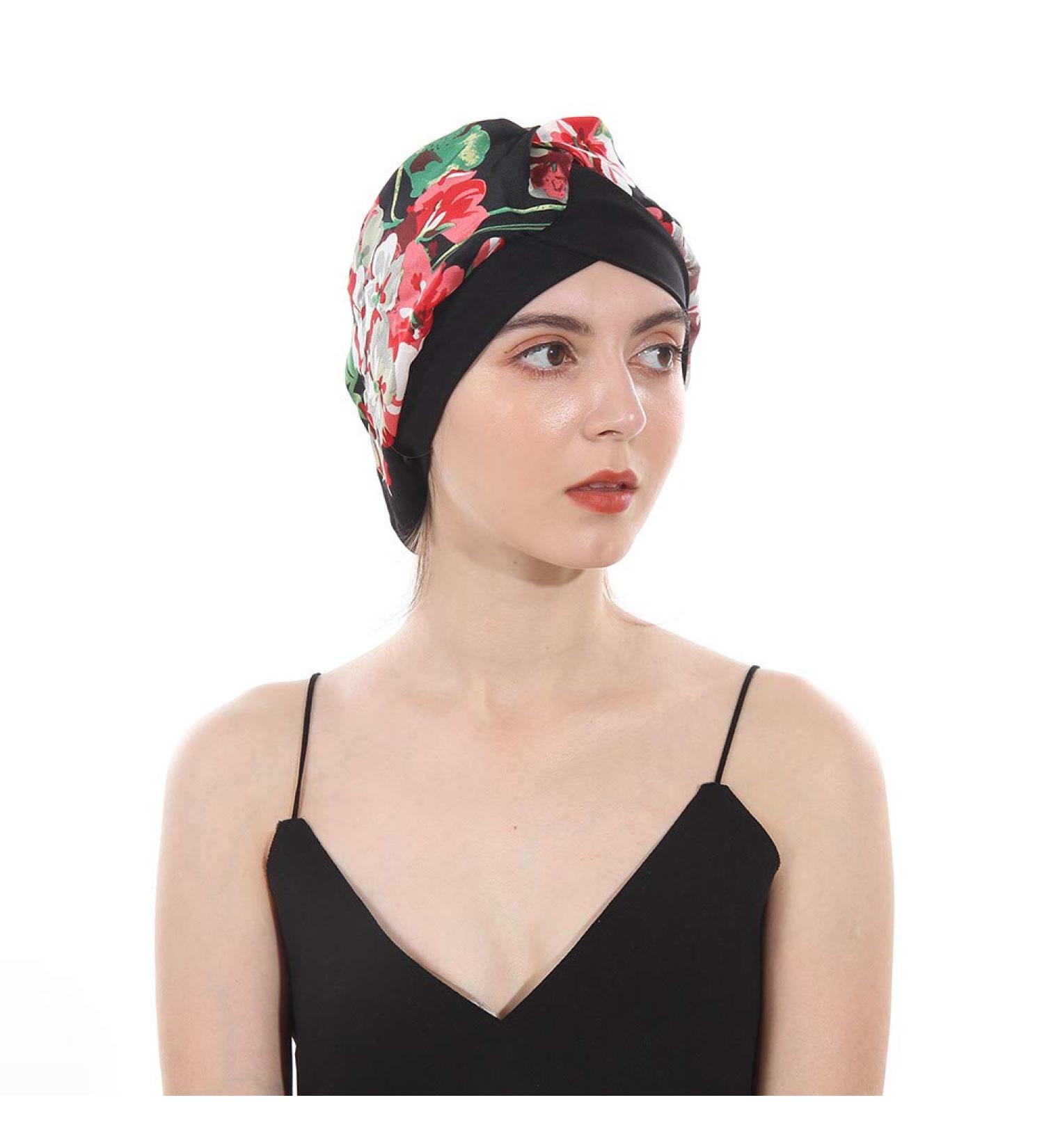 DuoZan Women's Satin Turban Elastic Wide Band Bonnet - Black Flower | Soft Silky Night Sleep Hat for Hair Loss - Buy Online on GoSupps.com