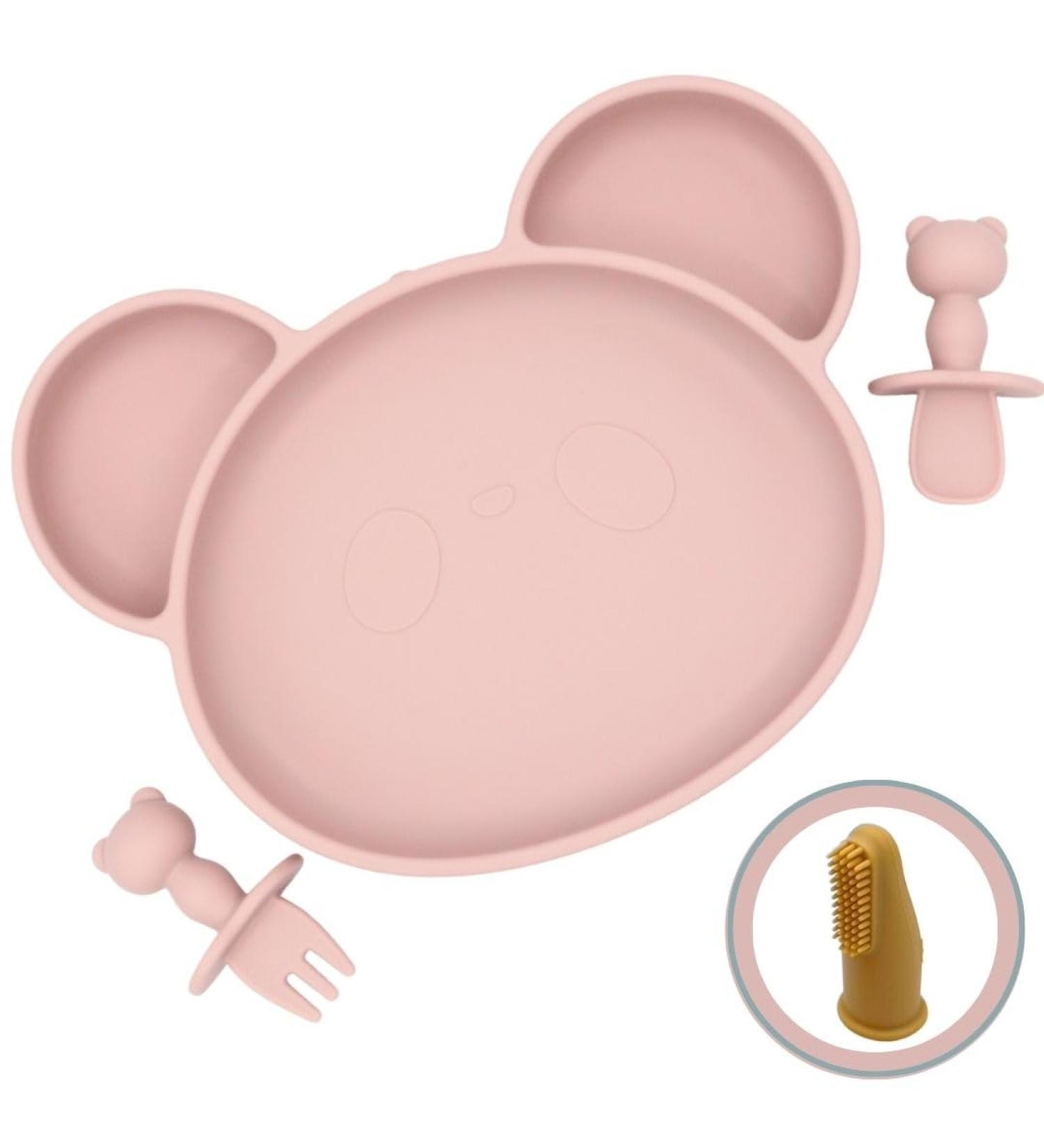 Suction Plate Baby Cutlery Set Chomp - Includes Baby Toothbrush, Weaning Set, Spoon, Fork, Suction Bowls - Rose Pink | Dishwasher Safe - Buy Online on GoSupps.com