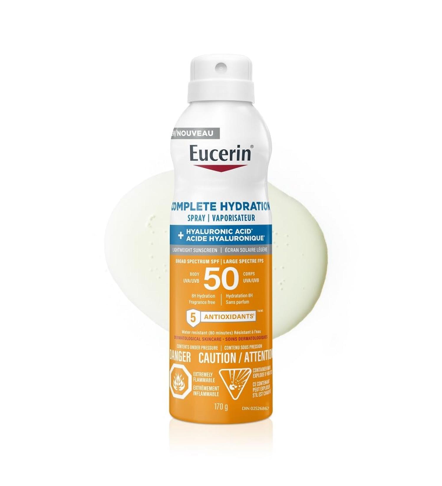 Eucerin Sun Complete Hydration Sunscreen Spray for Body SPF 50 | Sunscreen Spray with Hyaluronic Acid | Lightweight Fragrance Free | 170 g Spray Bottle - Buy Online on GoSupps.com