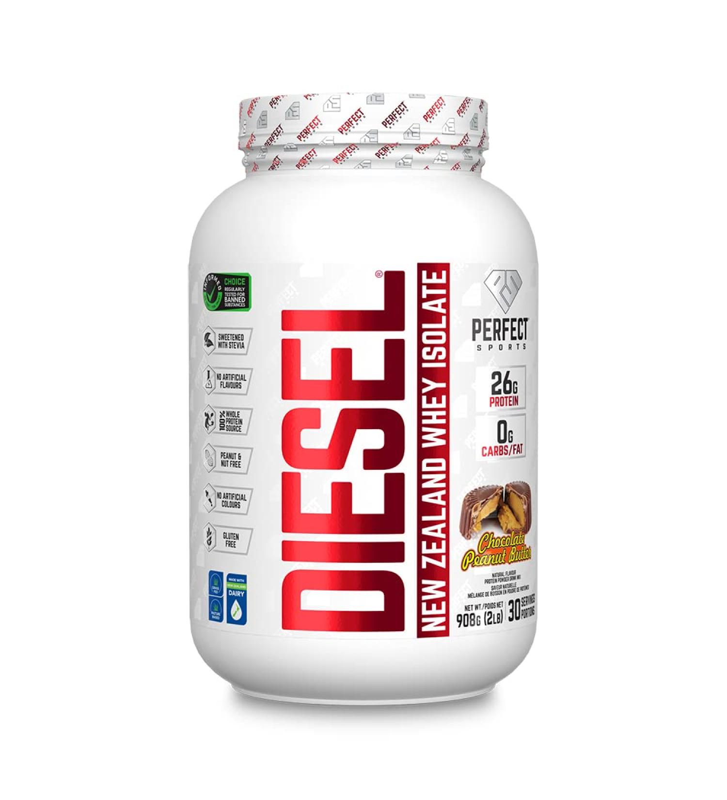DIESEL New Zealand Whey Prot ine Isolate Nourri l'Herbe/Stevia Sucr /Aromatis au Beurre d'Arachide au Chocolat 908 g - Buy Online on GoSupps.com