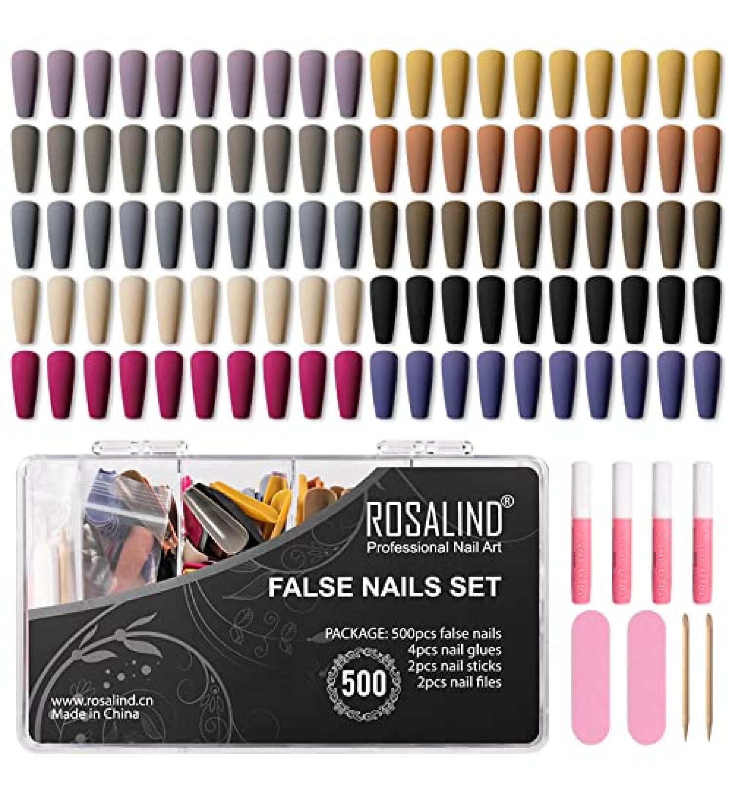 ROSALIND 500PCS Matte Press on Nails Set - 10 Colors Medium Long Fake Nails with Glue for Women and Girls - Buy Online on GoSupps.com