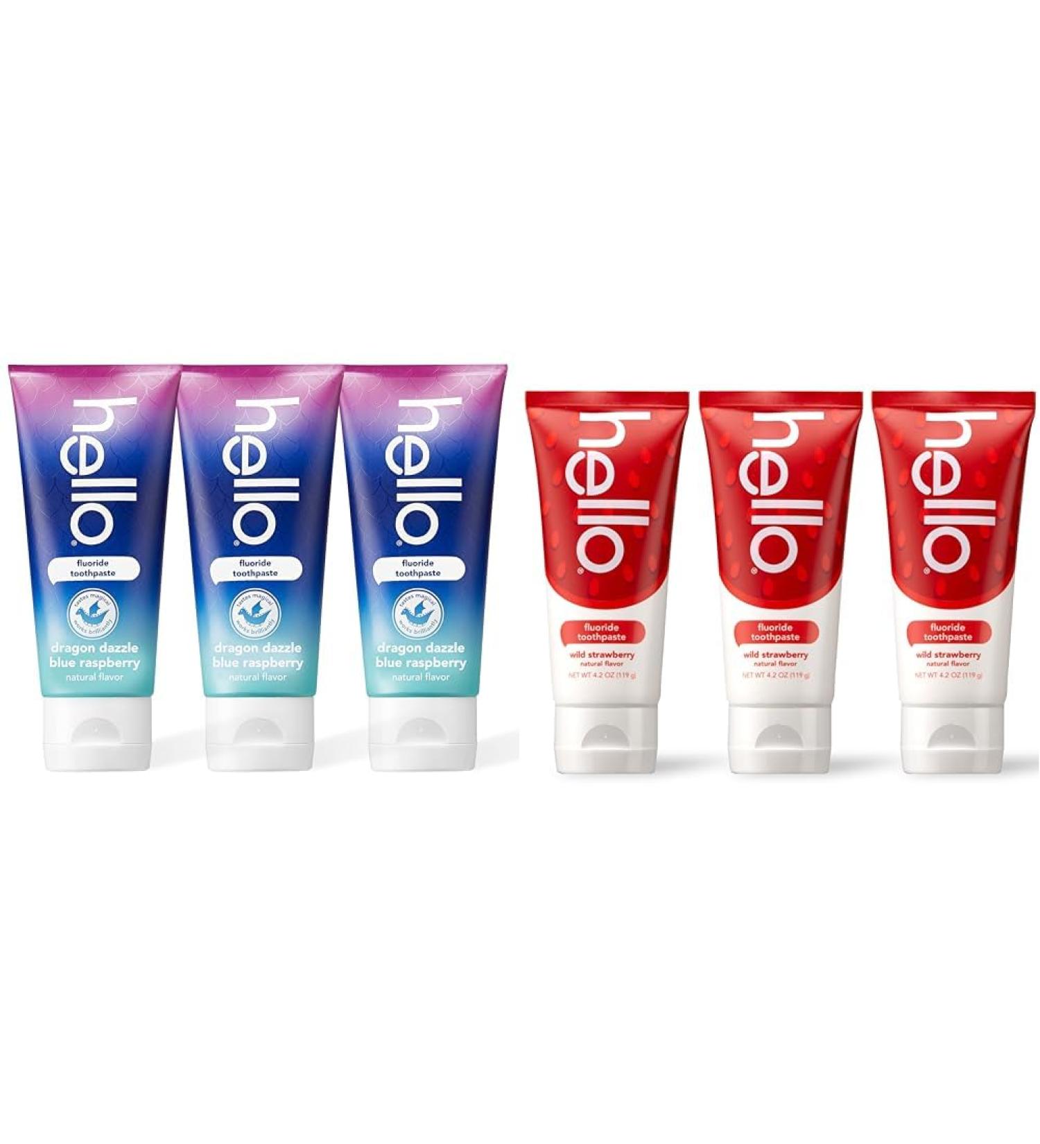 hello Kids Toothpaste Bundle with Dragon Dazzle Blue Raspberry 4.2 OZ 3-Pack and Wild Strawberry 3-Pack - Buy Online on GoSupps.com