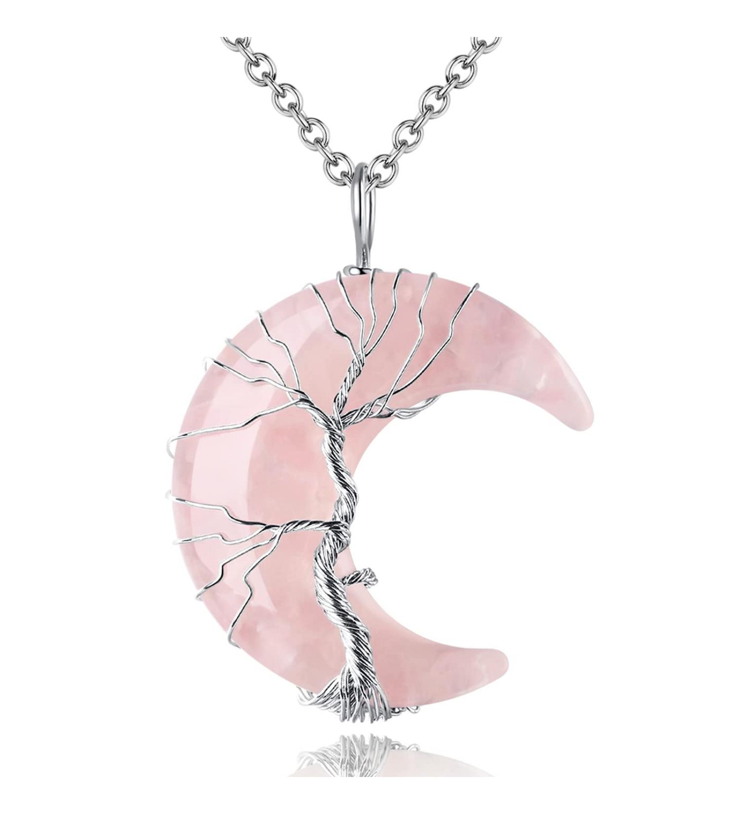 XIANNVXI Crystal Crescent Moon Necklace - Tree of Life Wire Wrapped Reiki Pendant for Women - Rose Quartz Healing Crystals Jewelry - Buy Online on GoSupps.com