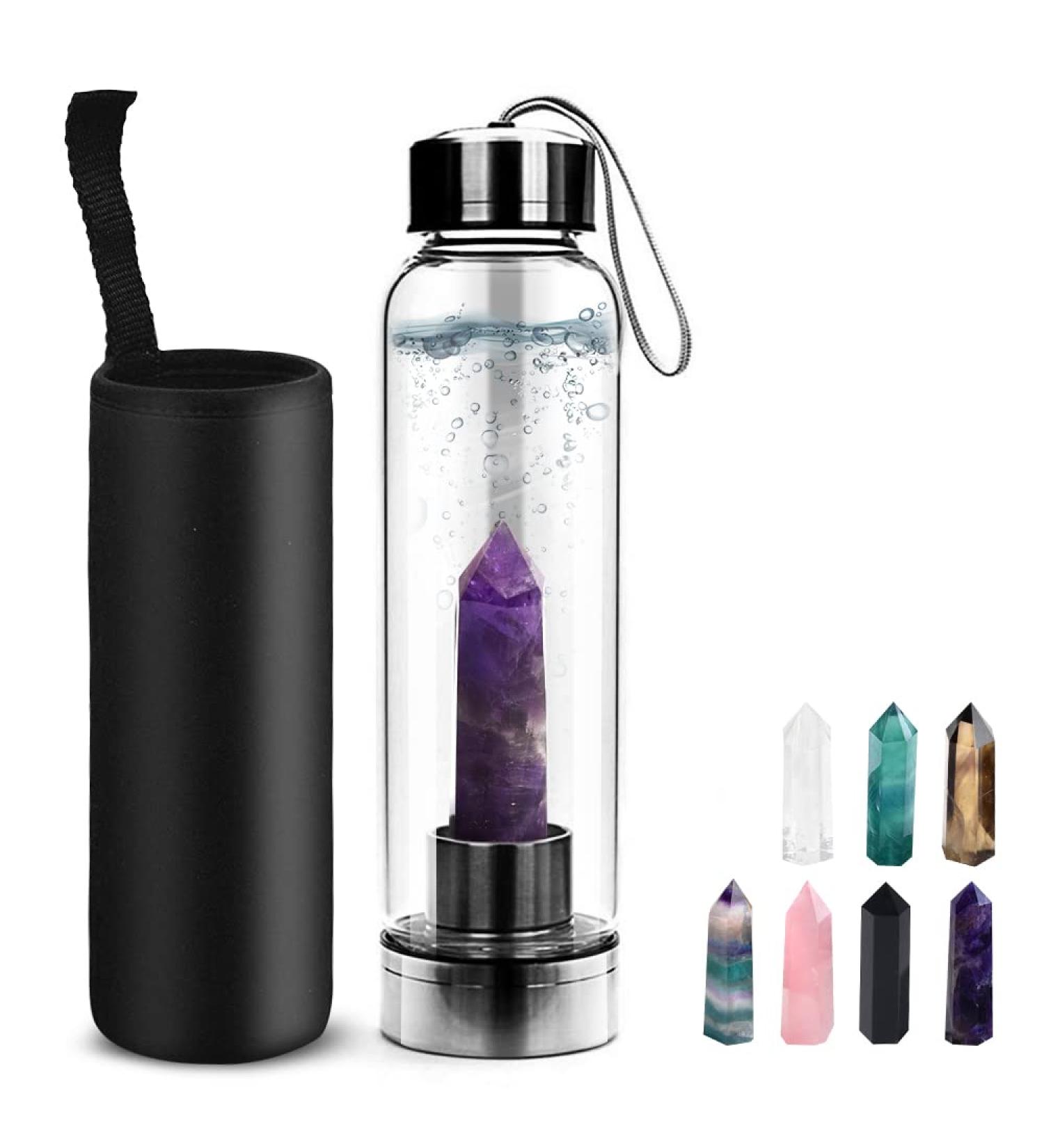 Tyuodna Water Healing Stones Bottle - Crystal Infusion Drinking Bottle with Amethyst - Leak-Proof Quartz Glass for Gemstone Therapy & Natural Healing - Buy Online on GoSupps.com