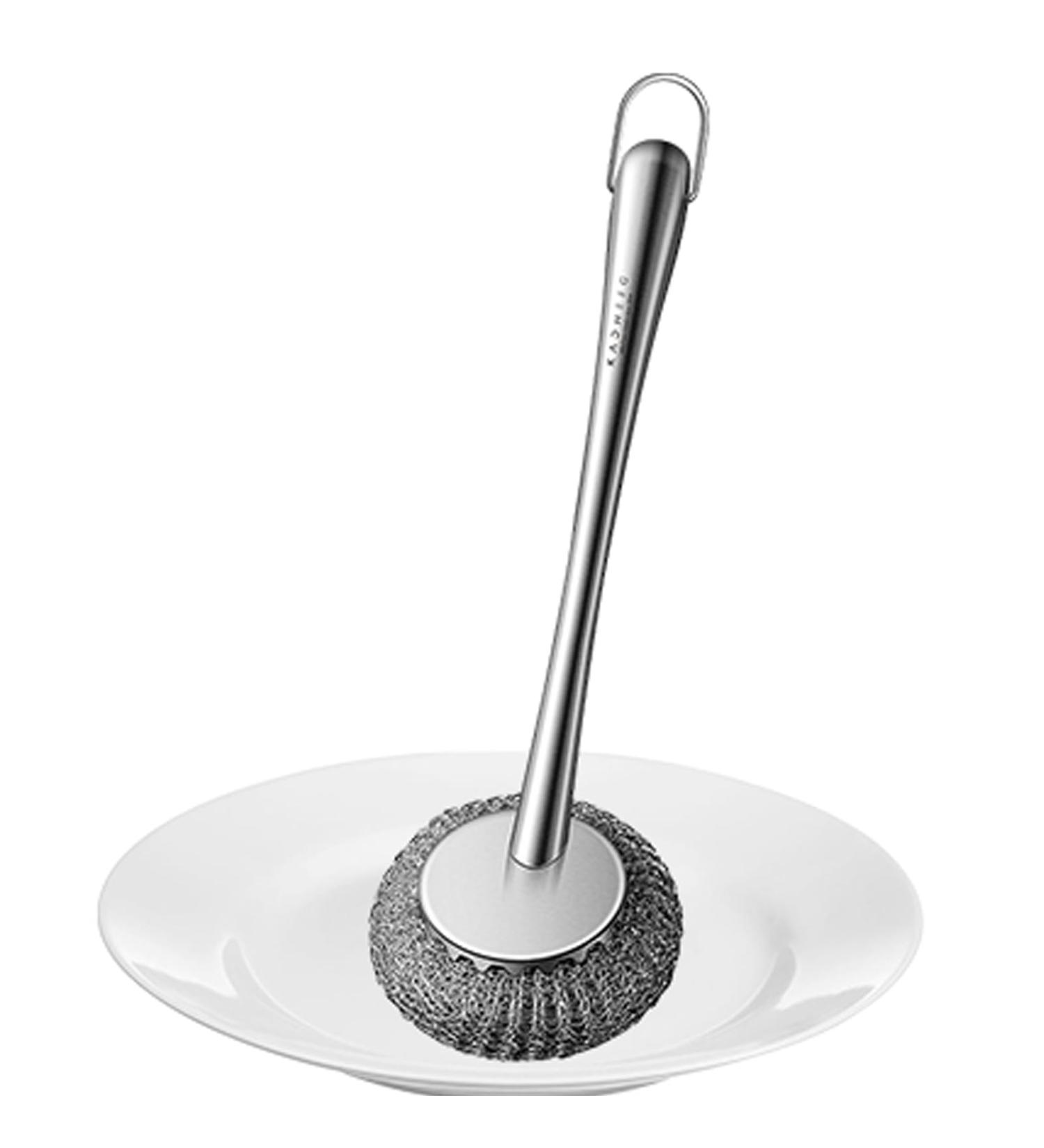 Scourer with Long Handle Flexible Stainless Steel Pot Scourer with Hanger | Dish Scouring Brushes for Iron Pots Non-Stick Pans Bowl Dishwashing Sink Dudok - Buy Online on GoSupps.com