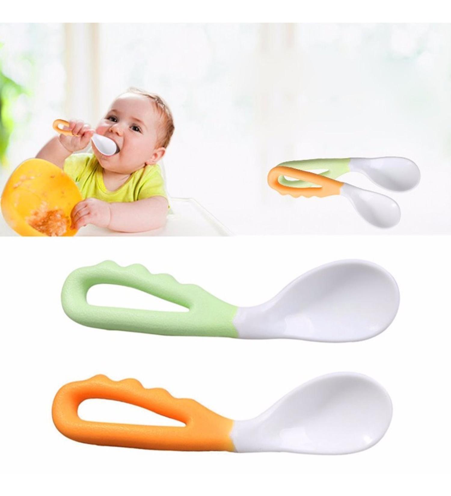 EROSPA Baby Porridge Spoon Set - Curved Handle Learning Spoon for Babies - 2 Pieces Green/Orange - Ideal for Baby Eating Skills - Buy Online on GoSupps.com