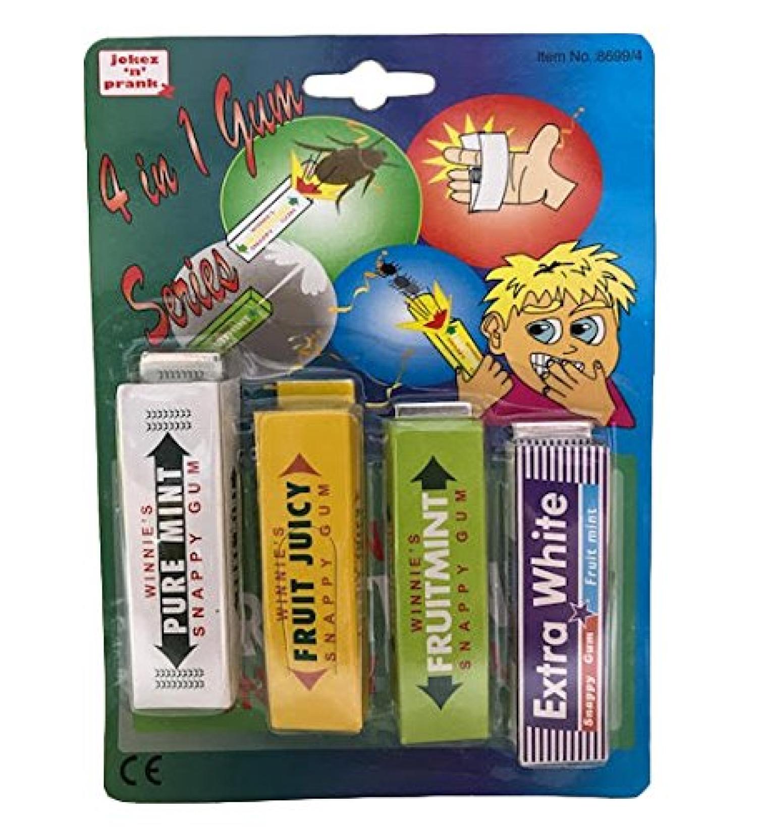 4 In 1 Chewing Gum Classic Jokes Gag Trick Practical Joke Set Snappy Gum Squirt Gum Bug Gum