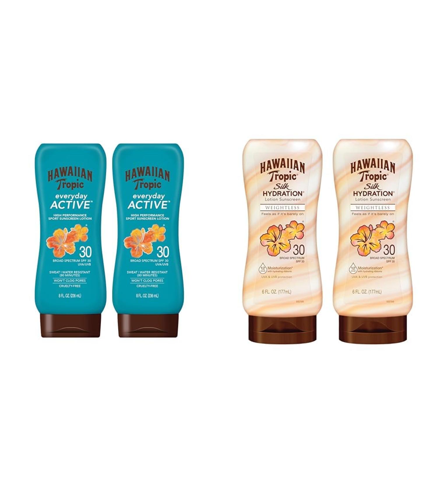 Hawaiian Tropic Everyday Active Lotion Sunscreen SPF 30 Twin Pack & Weightless Hydration Lotion Sunscreen SPF 30 Twin Pack | Sunscreen Packs | 8oz & 6oz - Buy Online on GoSupps.com