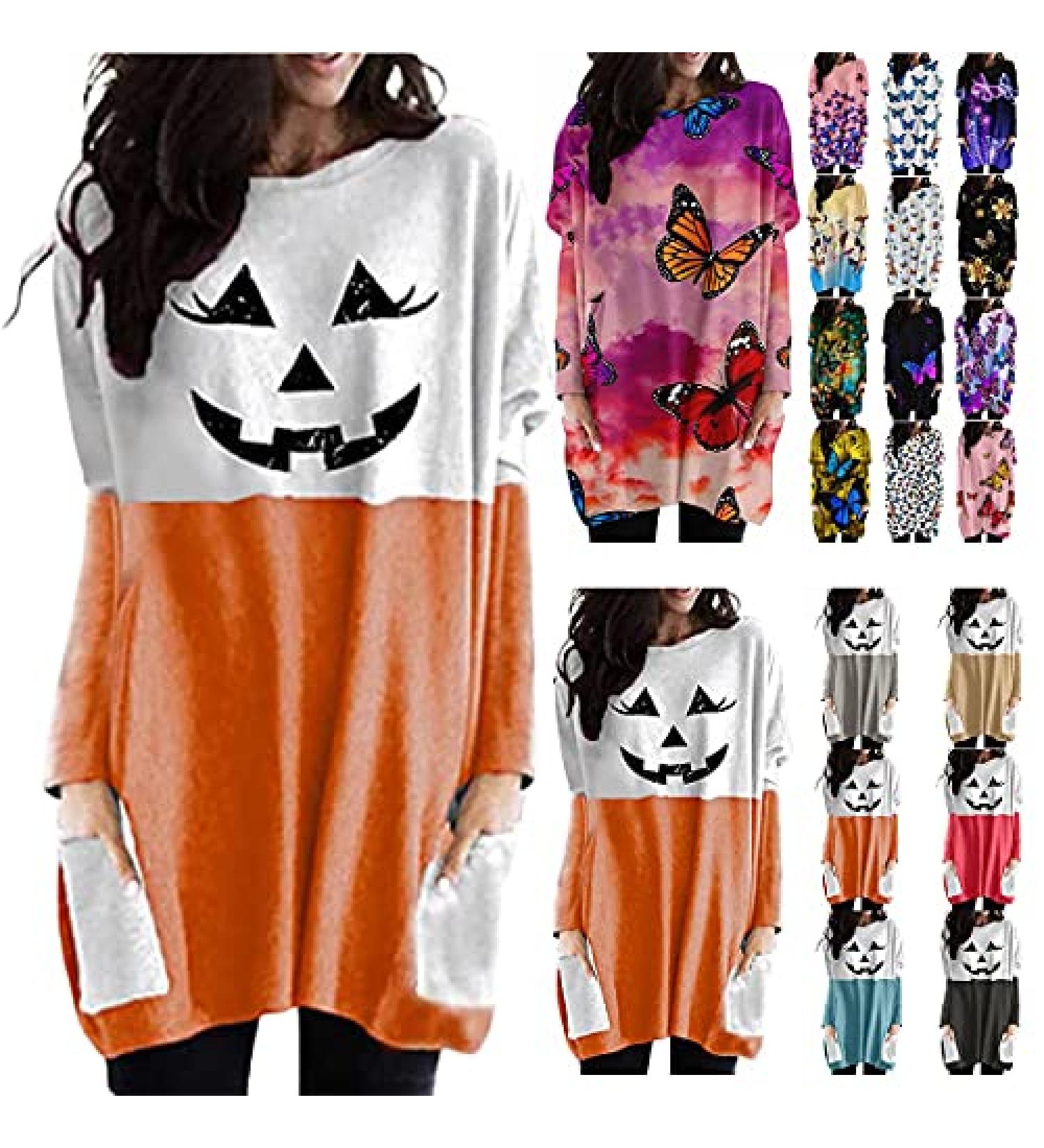 Color Block Tunic Dress for Women | Pumpkin Face Print Sweatshirt | Butterfly Print Shirt Halloween Top | Orange Small - Buy Online on GoSupps.com