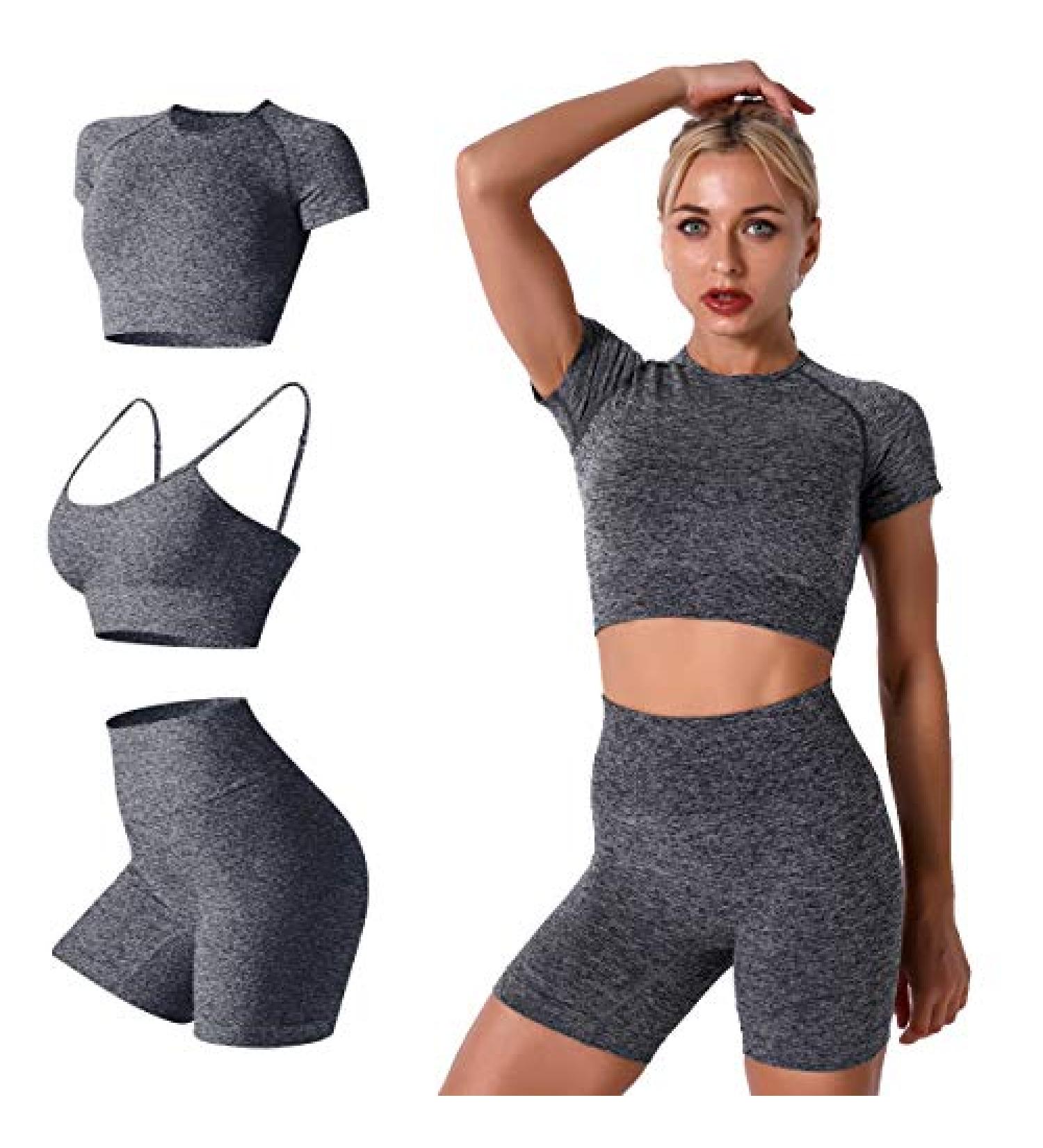 Women Seamless Yoga Outfits 2 Piece Set | Short Sleeve Crop Top & High Waisted Shorts | Activewear Set - Gray (Large) - Buy Online on GoSupps.com