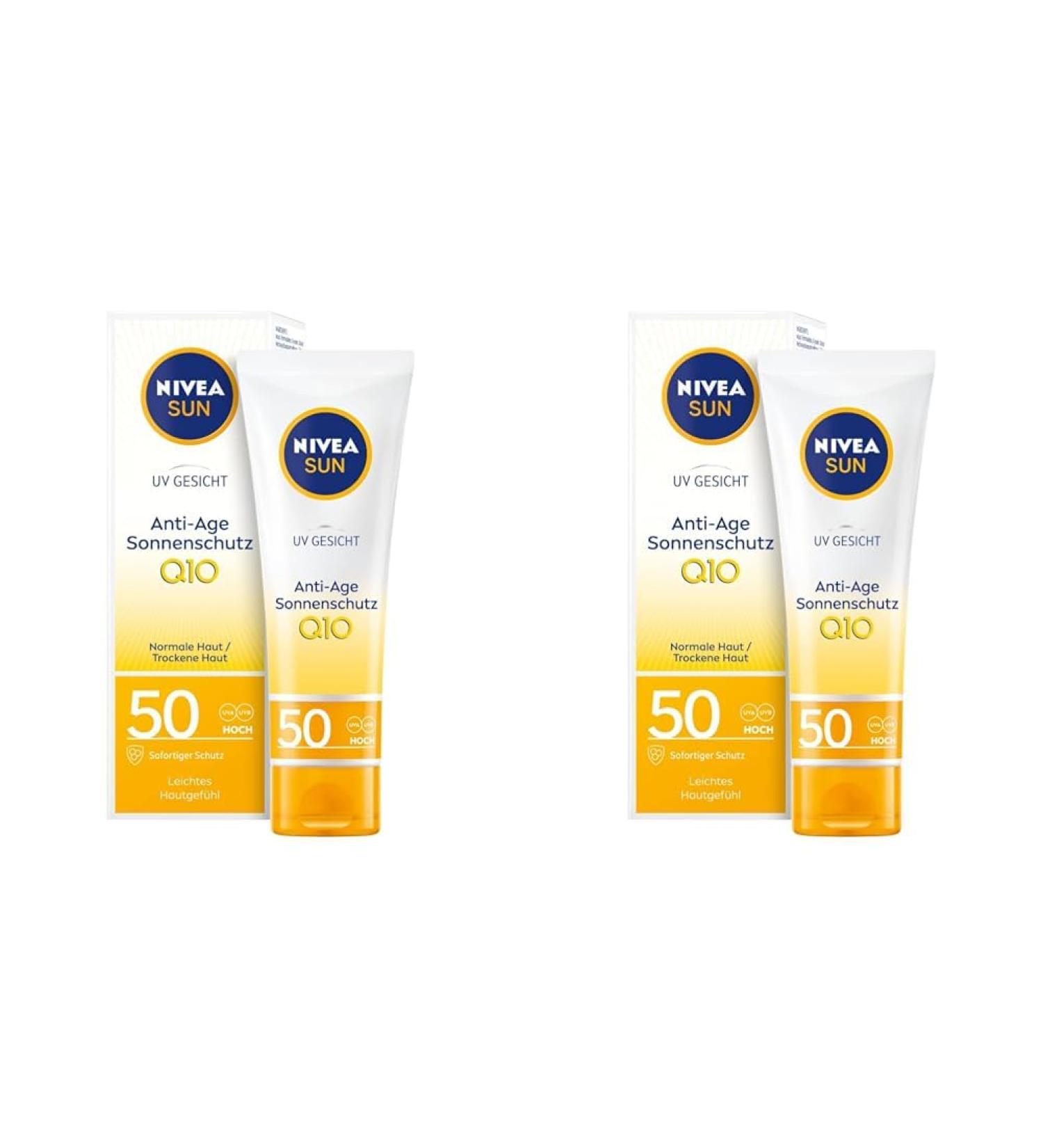 Nivea Sun UV Face Anti-Aging Sunscreen Q10 SPF 50 (2-Pack) - Moisturizing Anti-Wrinkle Protection Against UVA/UVB Radiation - Buy Online on GoSupps.com