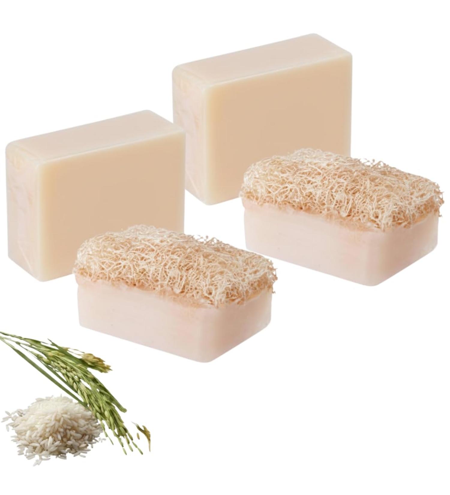 Organic Rice Bran Soap with Natural Loofah - 110g - Exfoliating & Brightening Body Scrub for Glowing Skin - Handmade Vegan Soap for Dark Spots - All Skin Types - PACK OF 2 - Buy Online on GoSupps.com