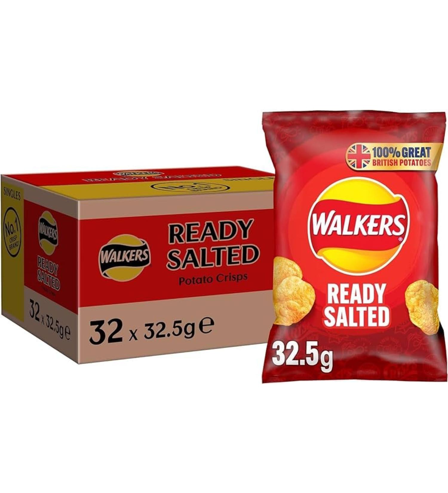 Walkers Crisps Classic Original Ready Salted 32 x 32.5g (64 Bags x 32.5g)