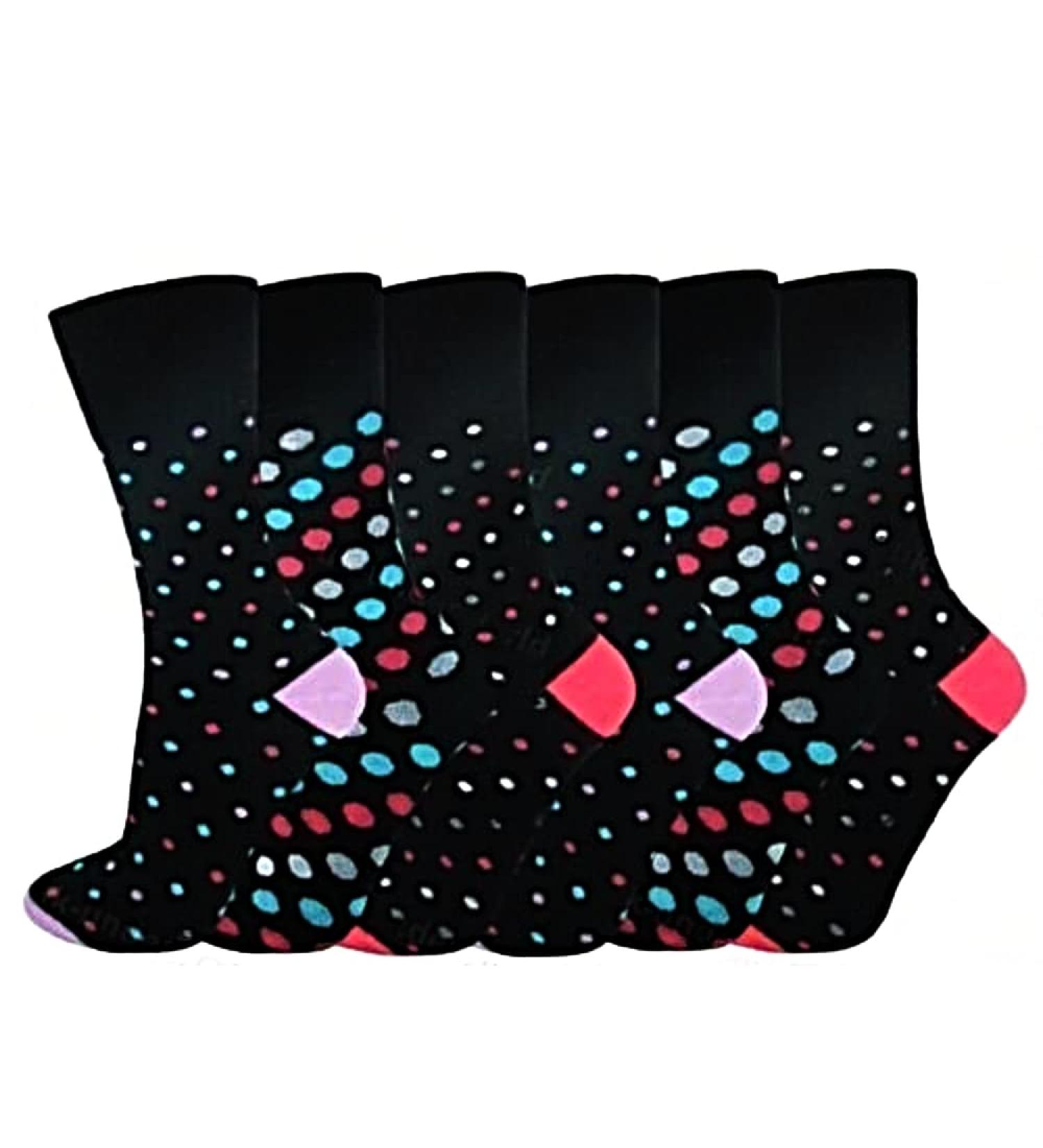 6 Pairs Diabetic Socks for Women - Pregnancy Socks Neuropathy-Stretchable & Loose Fit-Swollen Feet ladies Socks US size 6-9 (Black Dotted)